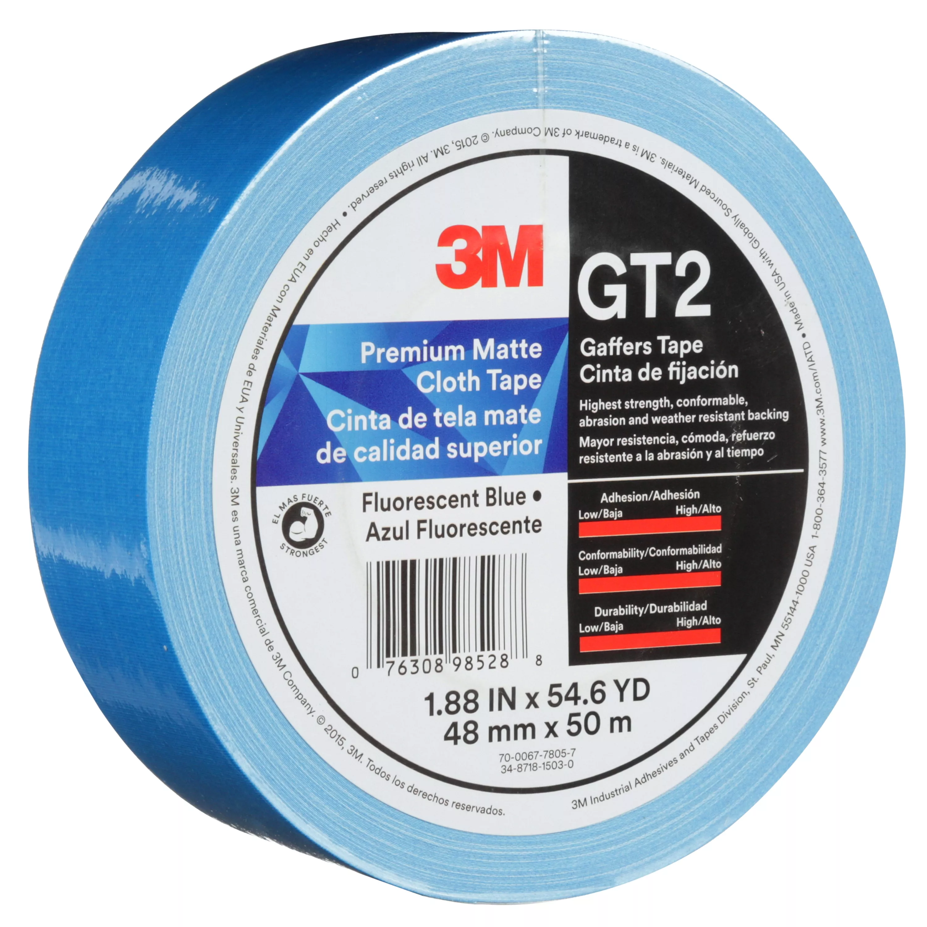 3M™ Premium Matte Cloth (Gaffers) Tape GT2, Fluorescent Blue, 48 mm x 50
m, 11 mil, 24/Case