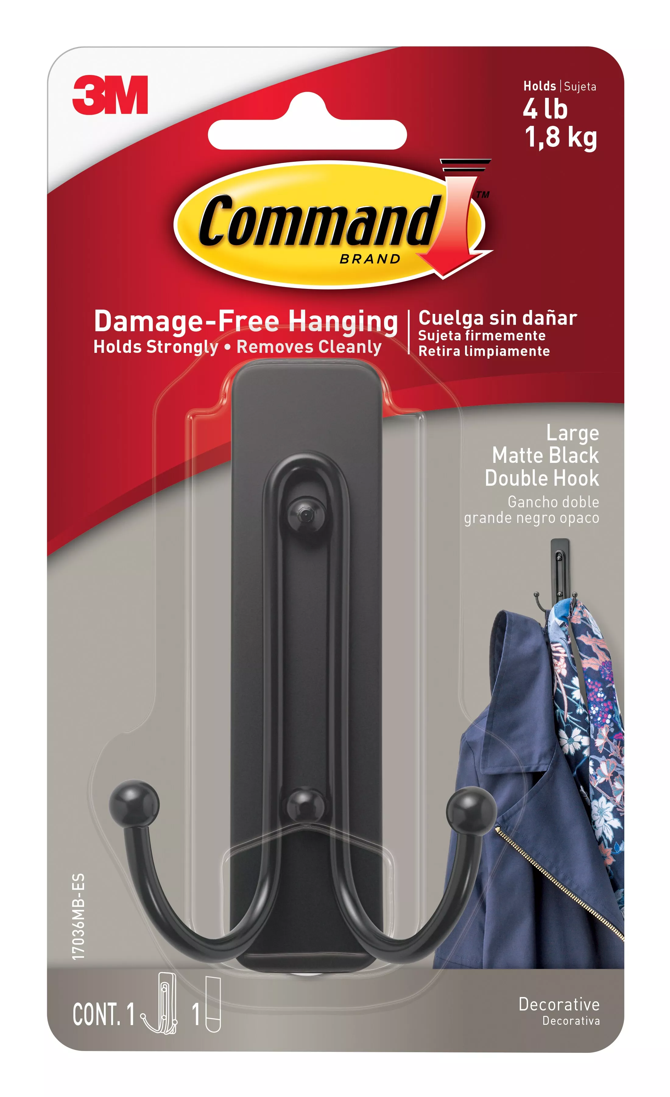 Command™ Large Matte Black Double Hook 17036MB-ES, 1 Hook, 1 Strip