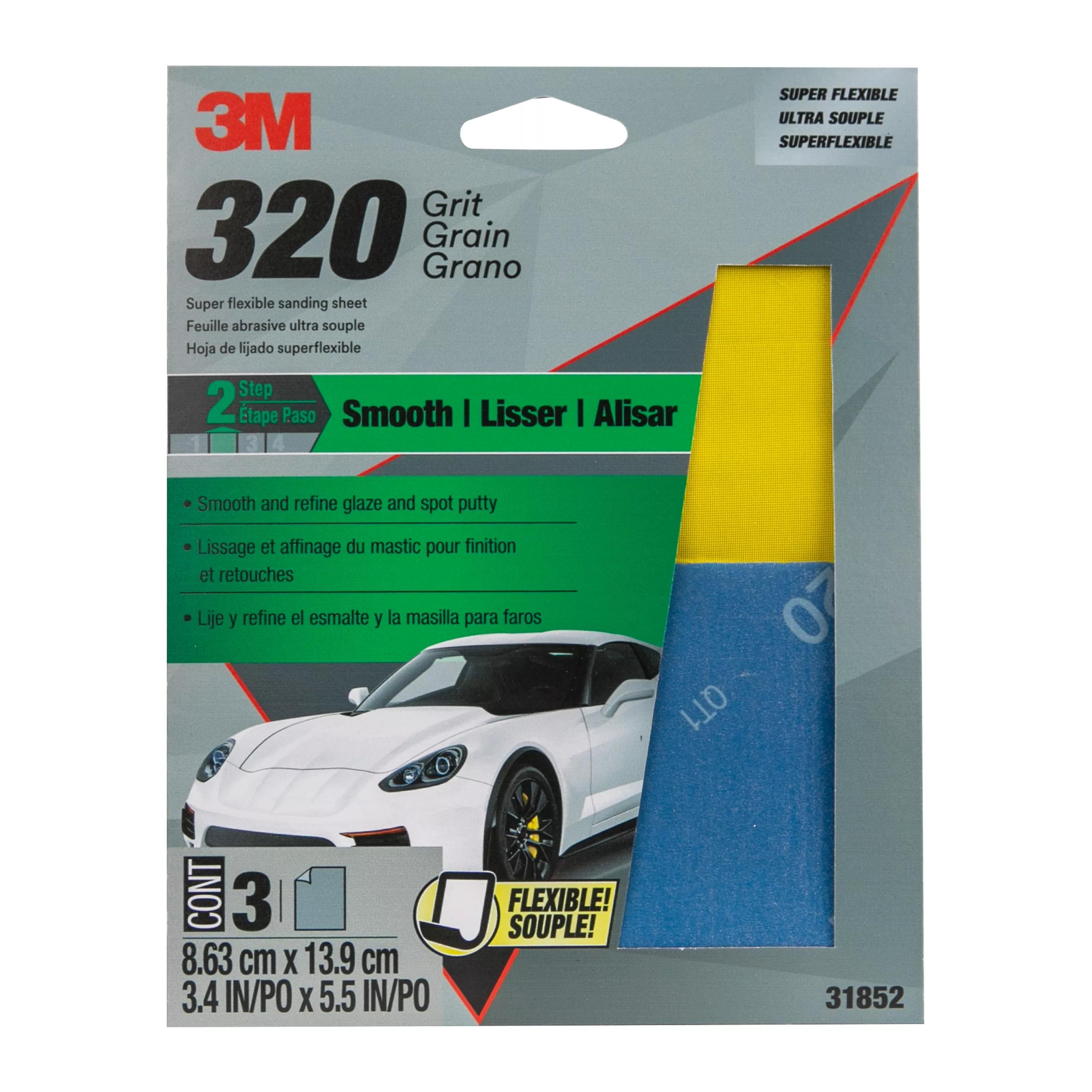 3M™ Super Flexible Sanding Sheets, 31852, 320 Grit, 3 pack, 20 packs per
case