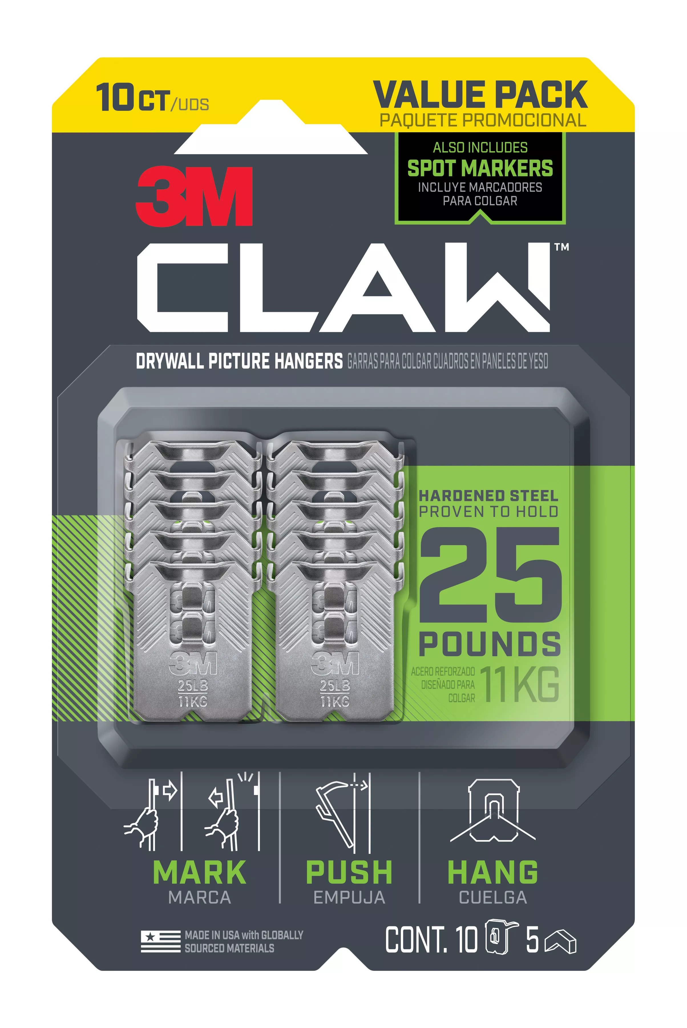 3M CLAW™ Drywall Picture Hangers 25lb with Temporary Spot Markers 3PH25M-10ES, 10 hangers, 5 markers
