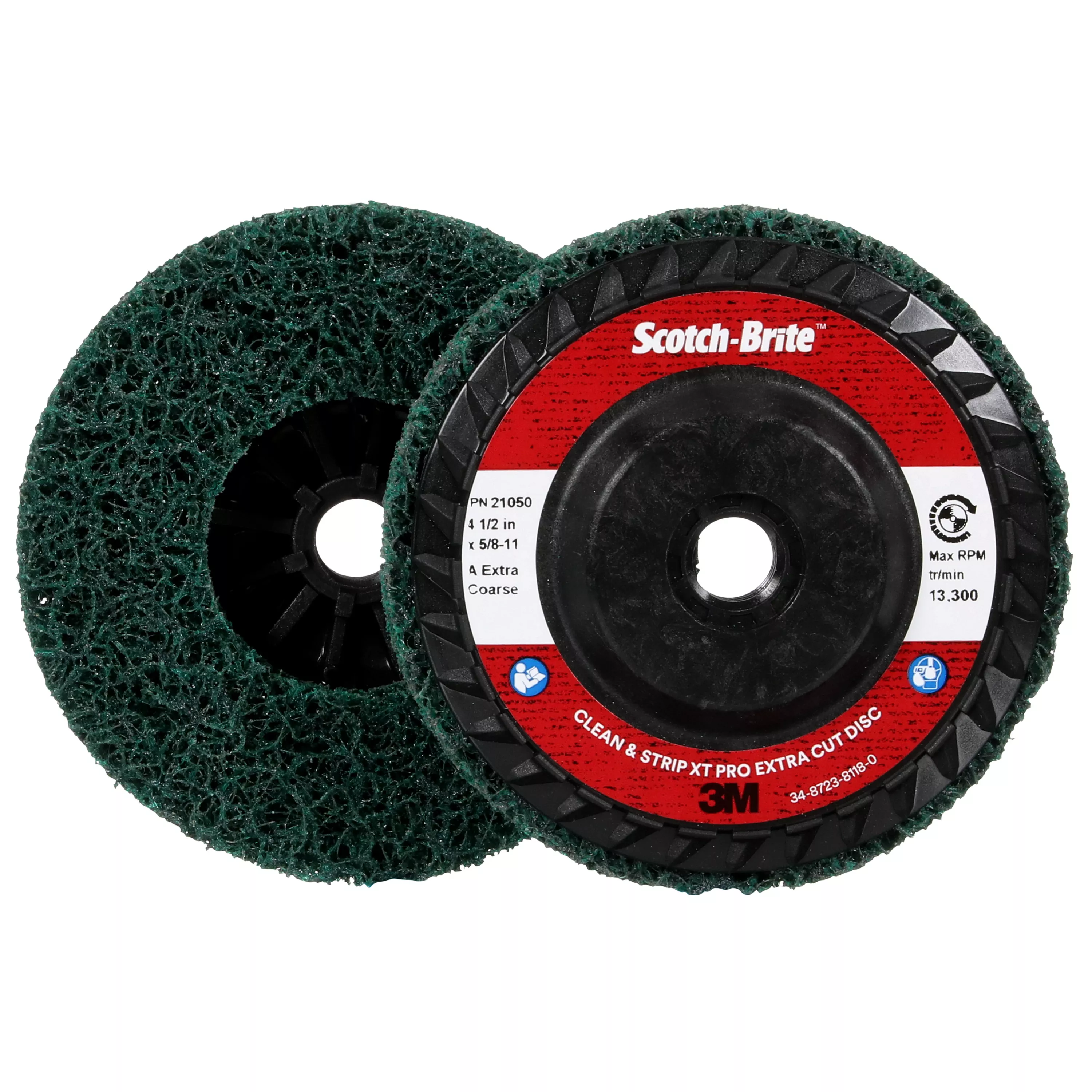 Scotch-Brite™ Clean and Strip XT Pro Extra Cut Disc, XC-DC, A/O Extra
Coarse, Green, 4-1/2 in x 5/8 in-11, Type 27, 10 ea/Case