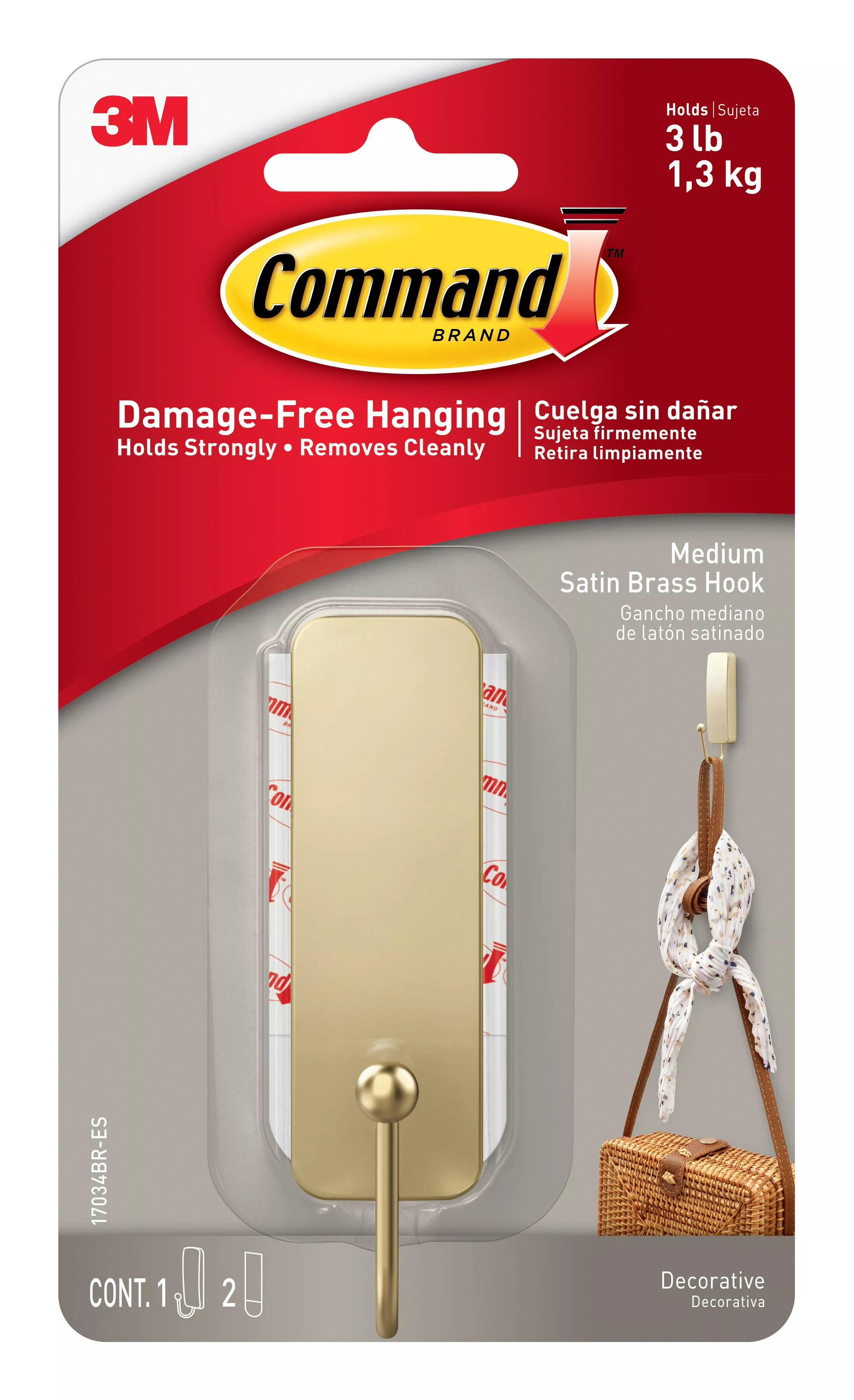 Command™ Medium Satin Brass Hook 17034BR-ES, 1 Hook, 2 Strips