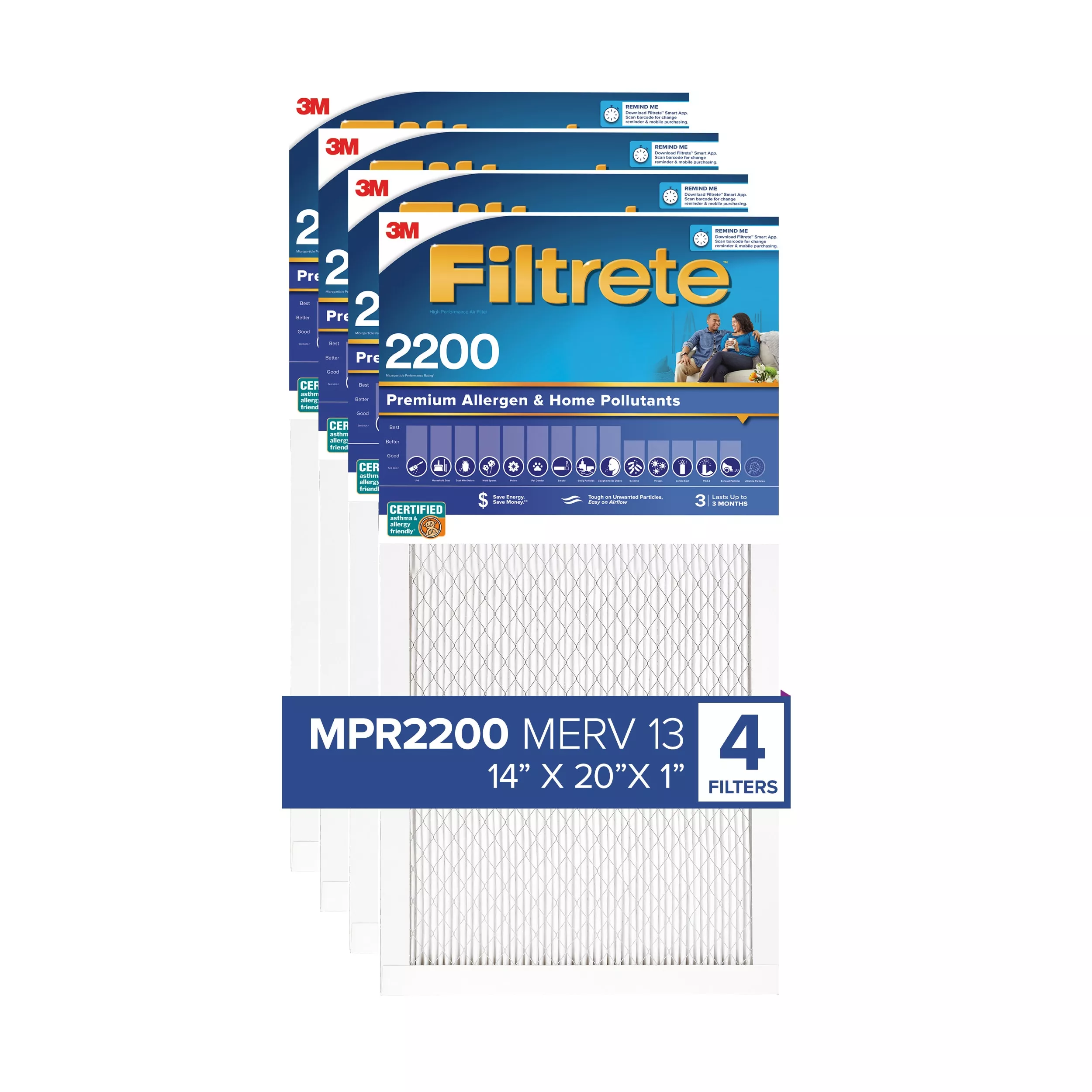 Filtrete™ Premium Allergen & Home Pollutants Air Filter 2200 MPR EA05-4, 14 in x 20 in x 1 in (35.5 cm x 50.8 cm x 2.5 cm)