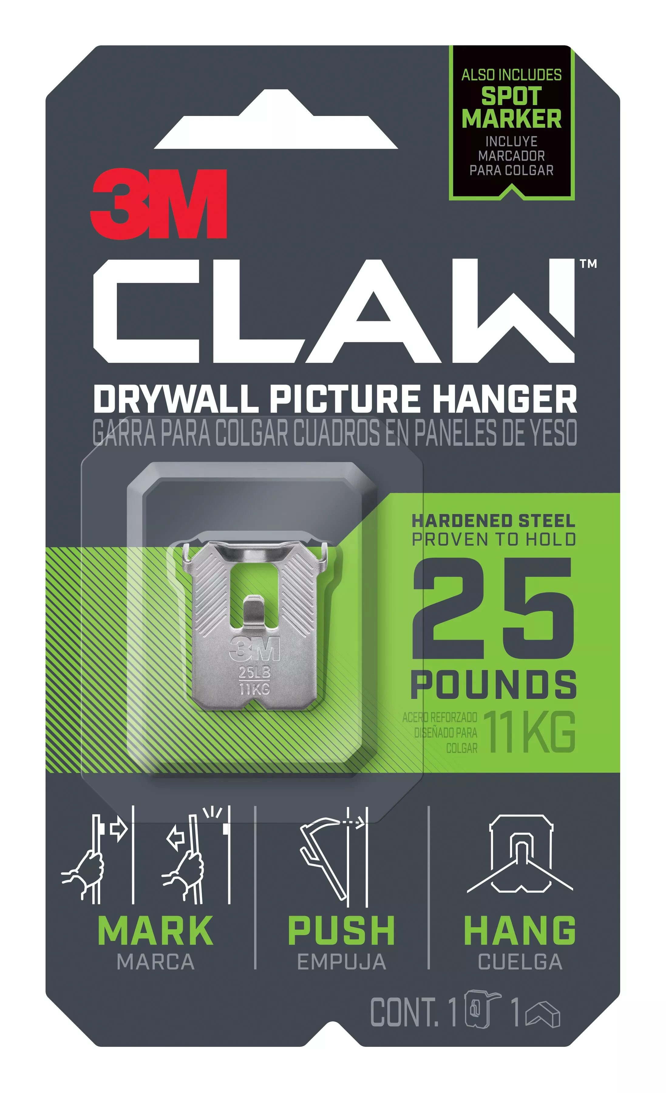 3M CLAW™ Drywall Picture Hanger 25 lb with Temporary Spot Marker 3PH25M-1EF, 1 hanger, 1 marker