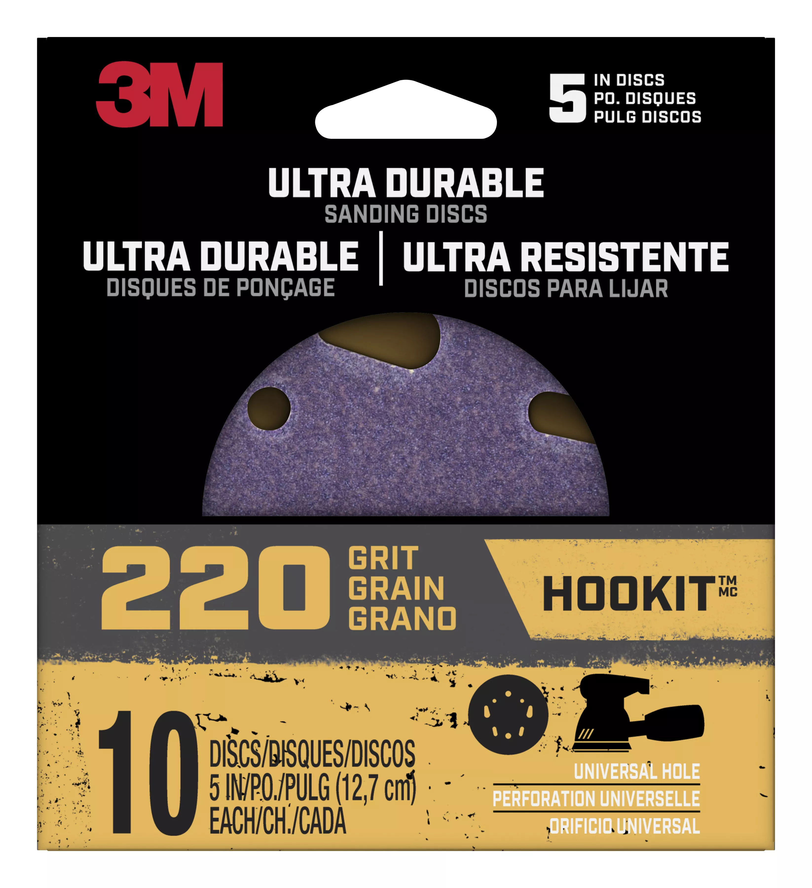 3M™ Ultra Durable 5 inch Power Sanding Discs, Universal Hole, 220 grit,
Disc5in10pk220, 10/pk, 12pks/cs