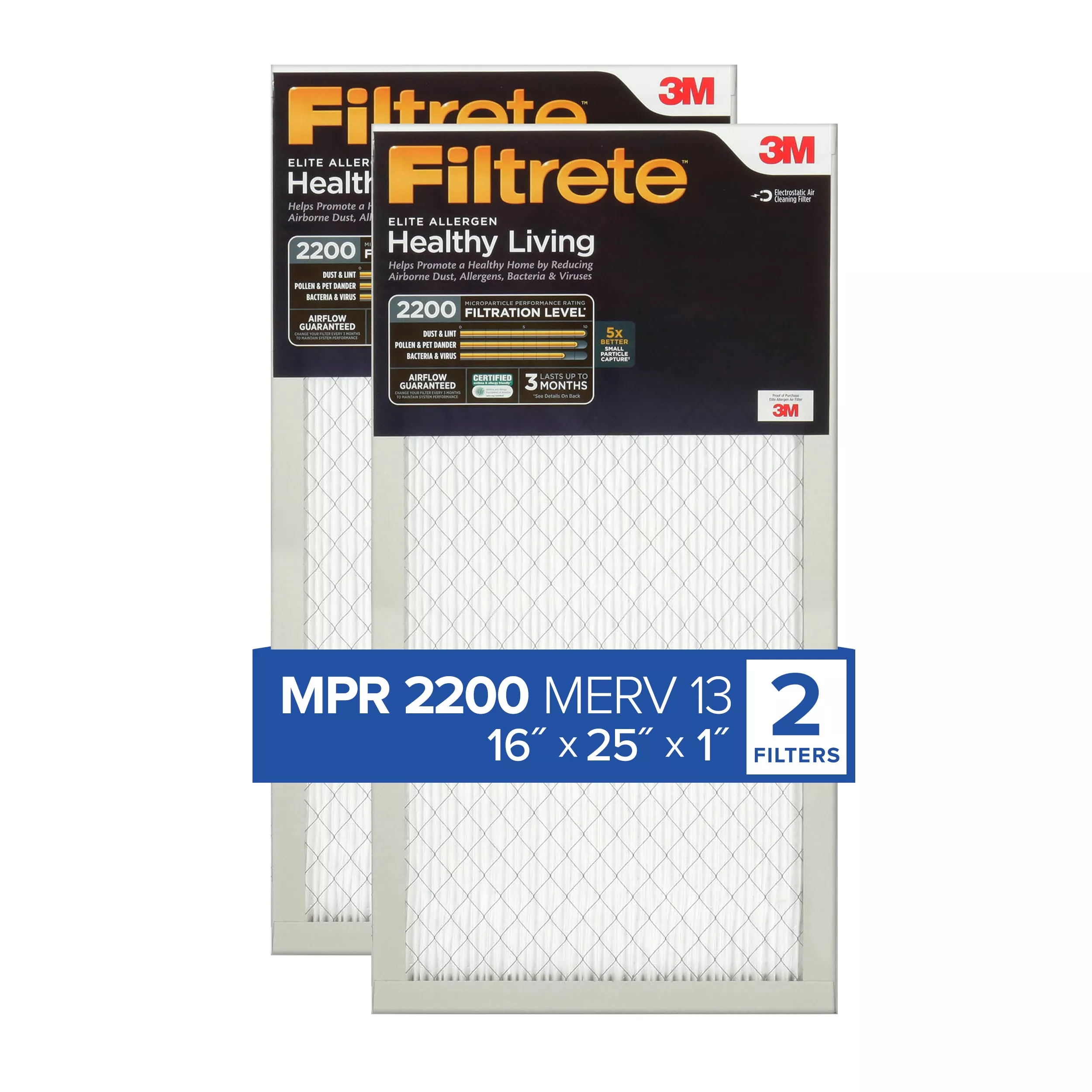 Filtrete™ Elite Allergen Reduction Filter EA01-2PK-1E, 16 in x 25 in x 1 in (40.6 cm x 63.5 cm x 2.5 cm)