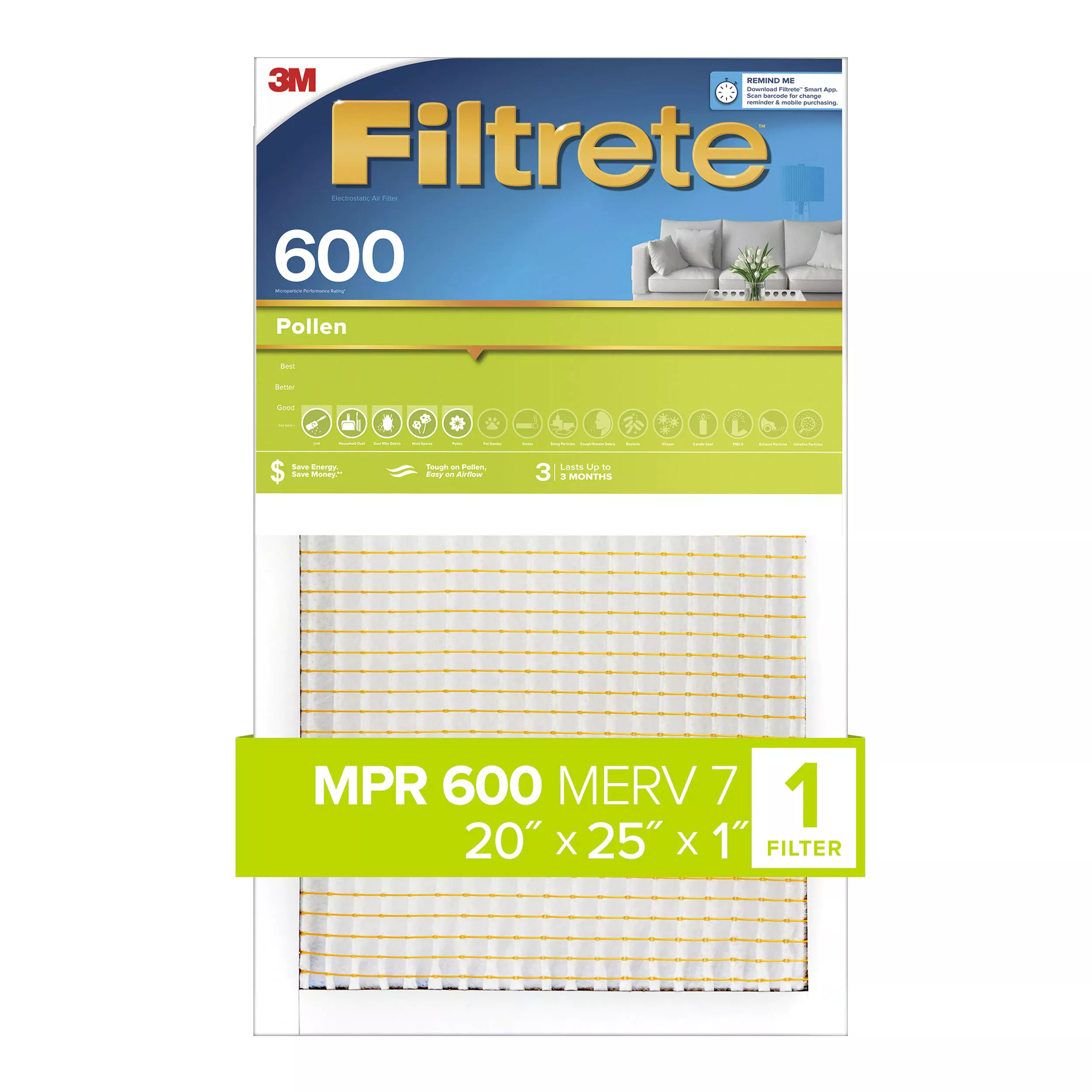 Filtrete™ Pollen Air Filter, 600 MPR, 9833-4, 20 in x 25 in x 1 in (50.8
cm x 63.5 cm x 2.54 cm)