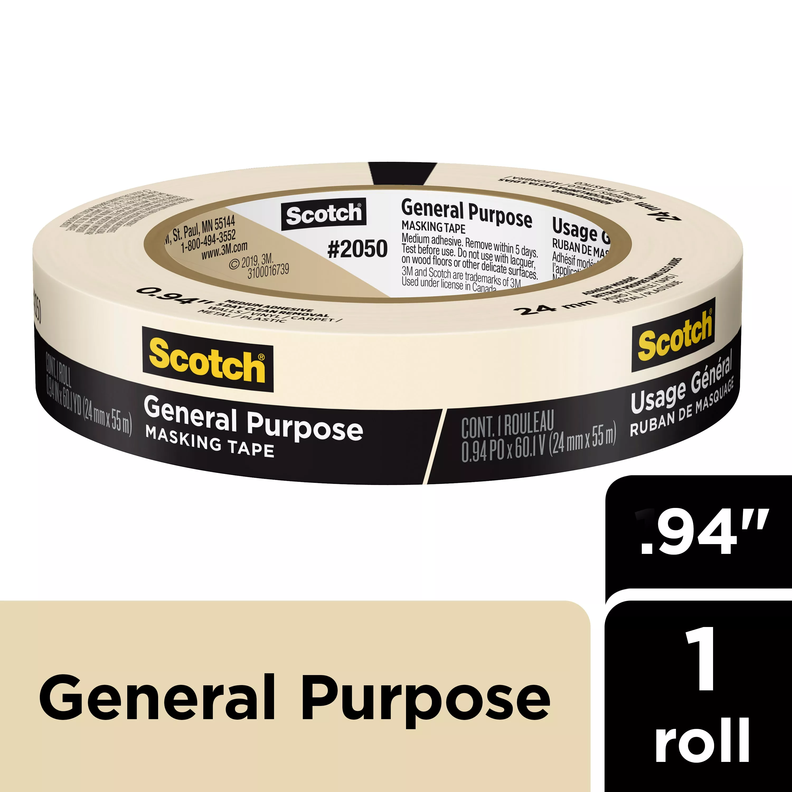 Scotch® General Purpose Masking Tape 2050-24CP, 0.94 in x 60.1 yd (24mm
x 55m)