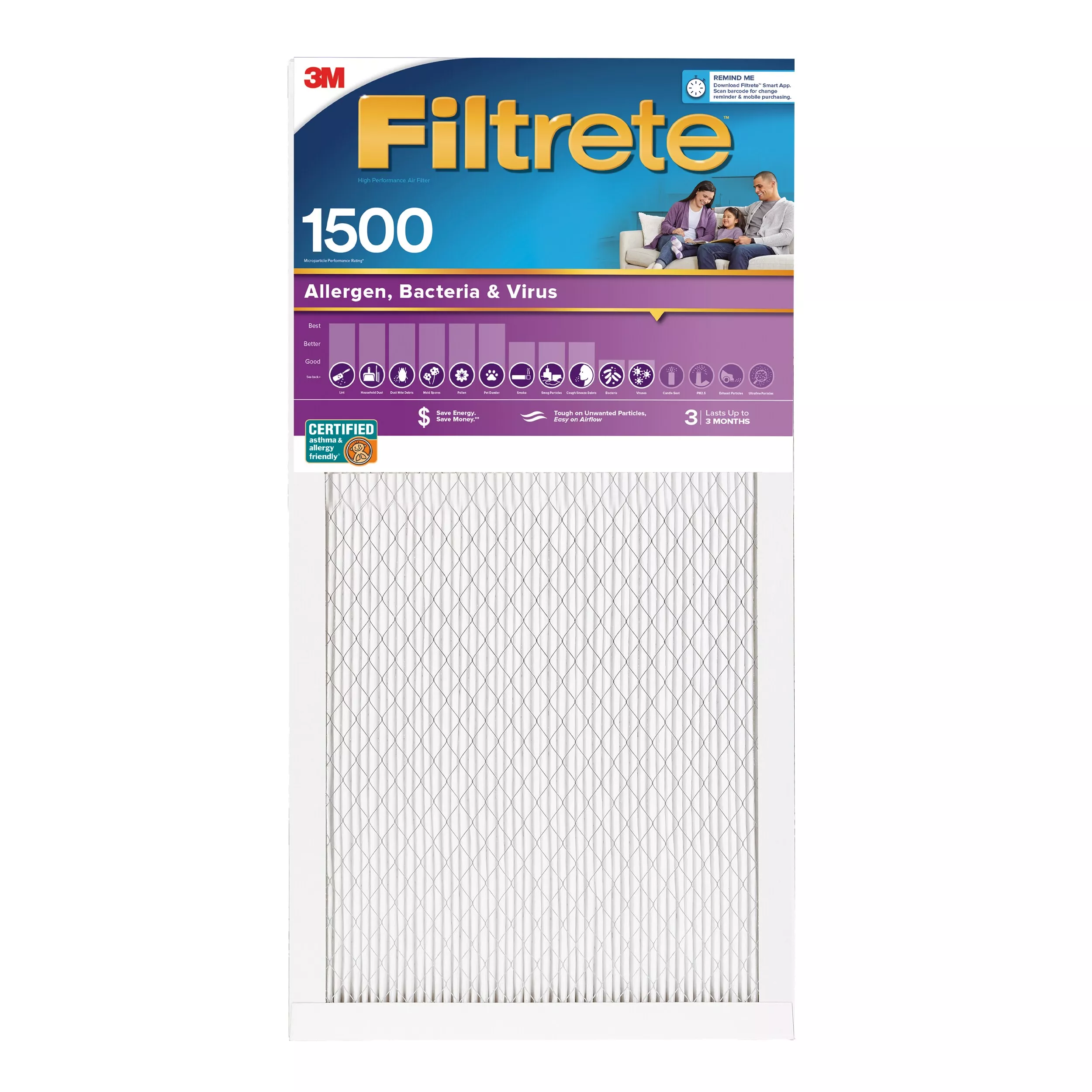 Filtrete™ Allergen, Bacteria & Virus Air Filter, 1500 MPR, 2000-4-HR, 16 in x 20 in x 1 in (40,6 cm x 50,8 cm x 2,5 cm)