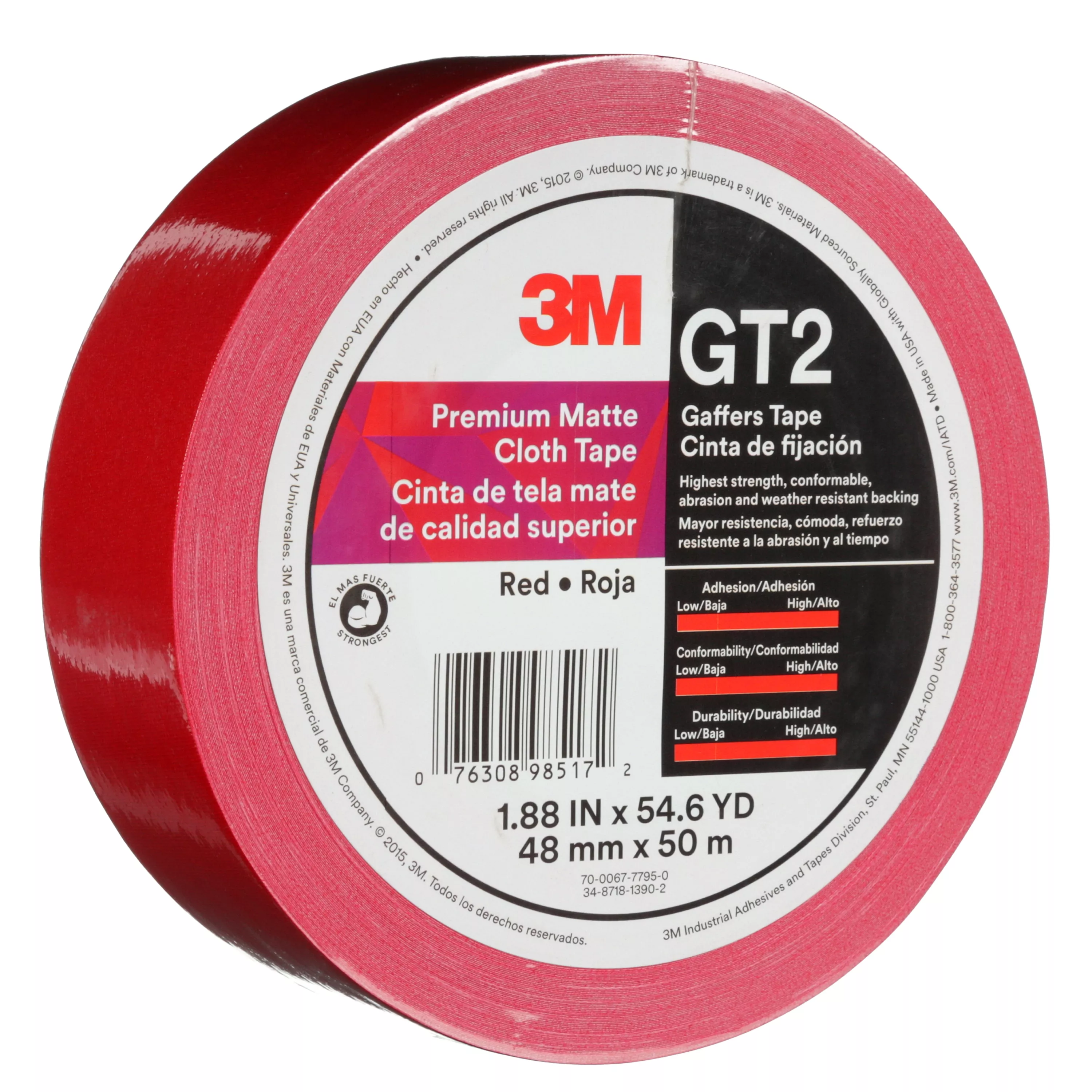 3M™ Premium Matte Cloth (Gaffers) Tape GT2, Red, 48 mm x 50 m, 11 mil,
24/Case