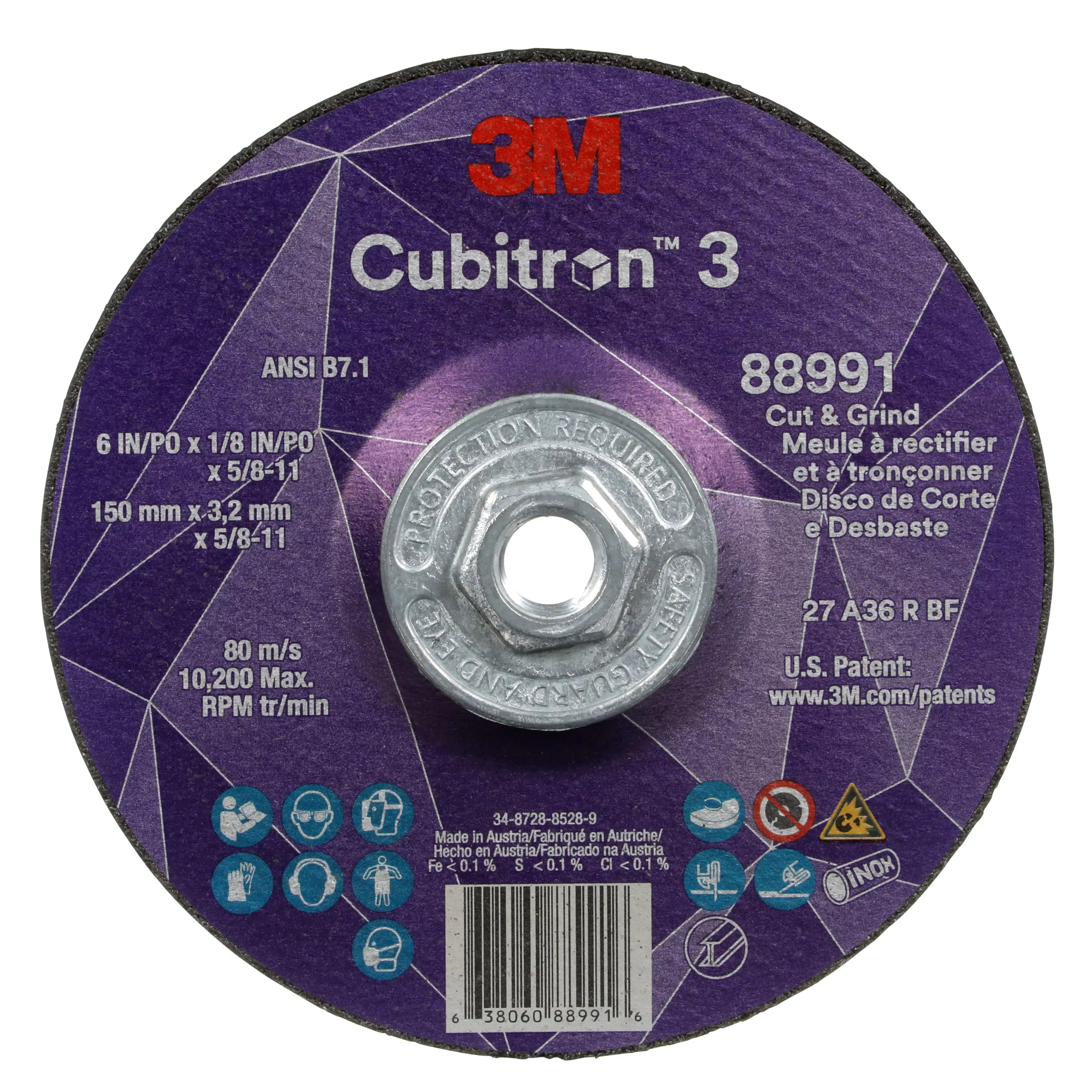 3M™ Cubitron™ 3 Cut and Grind Wheel, 88991, 36+, T27, 6 in x 1/8 in x
5/8 in-11 (150 x 3.2 mm x 5/8-11 in), ANSI, 10 ea/Case