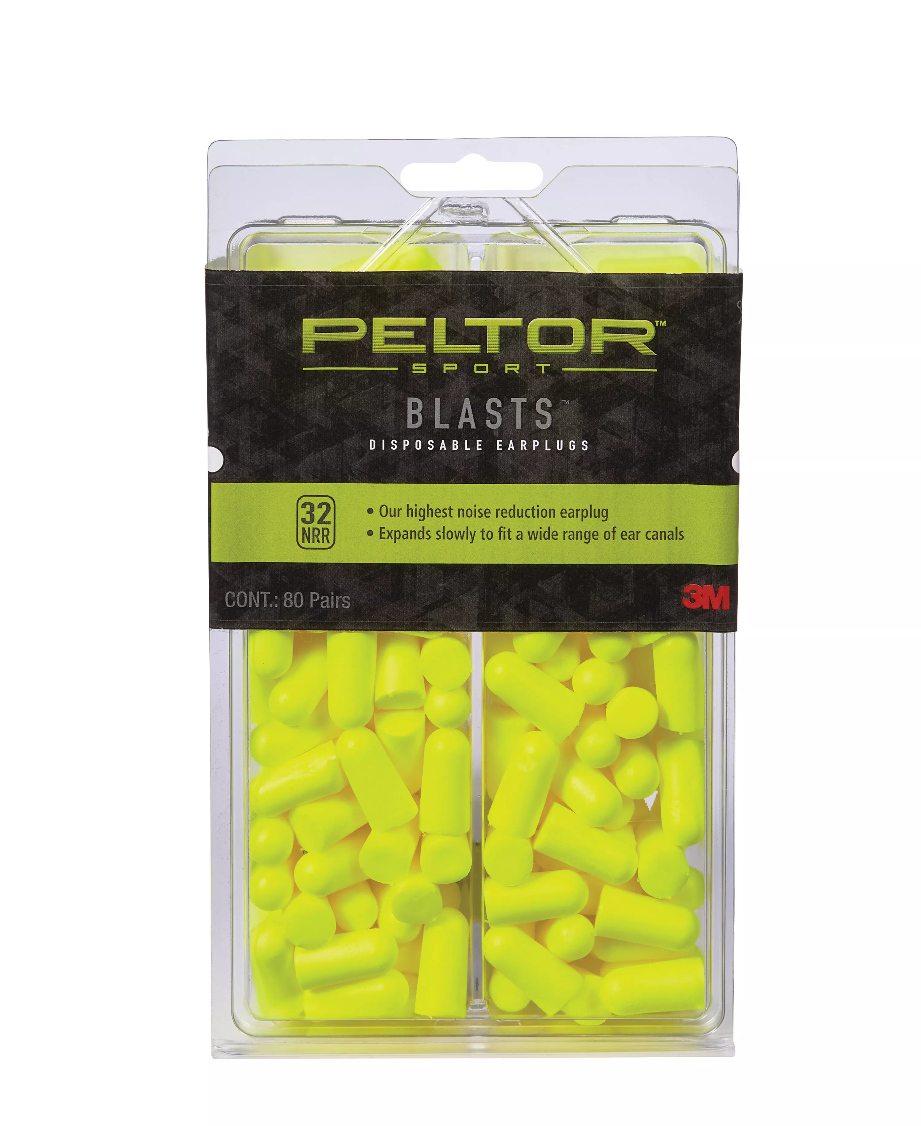 Peltor™ Sport Blasts™ Disposable Earplugs 97082-PEL80-6C, 80 ea/pk, Neon
Yellow