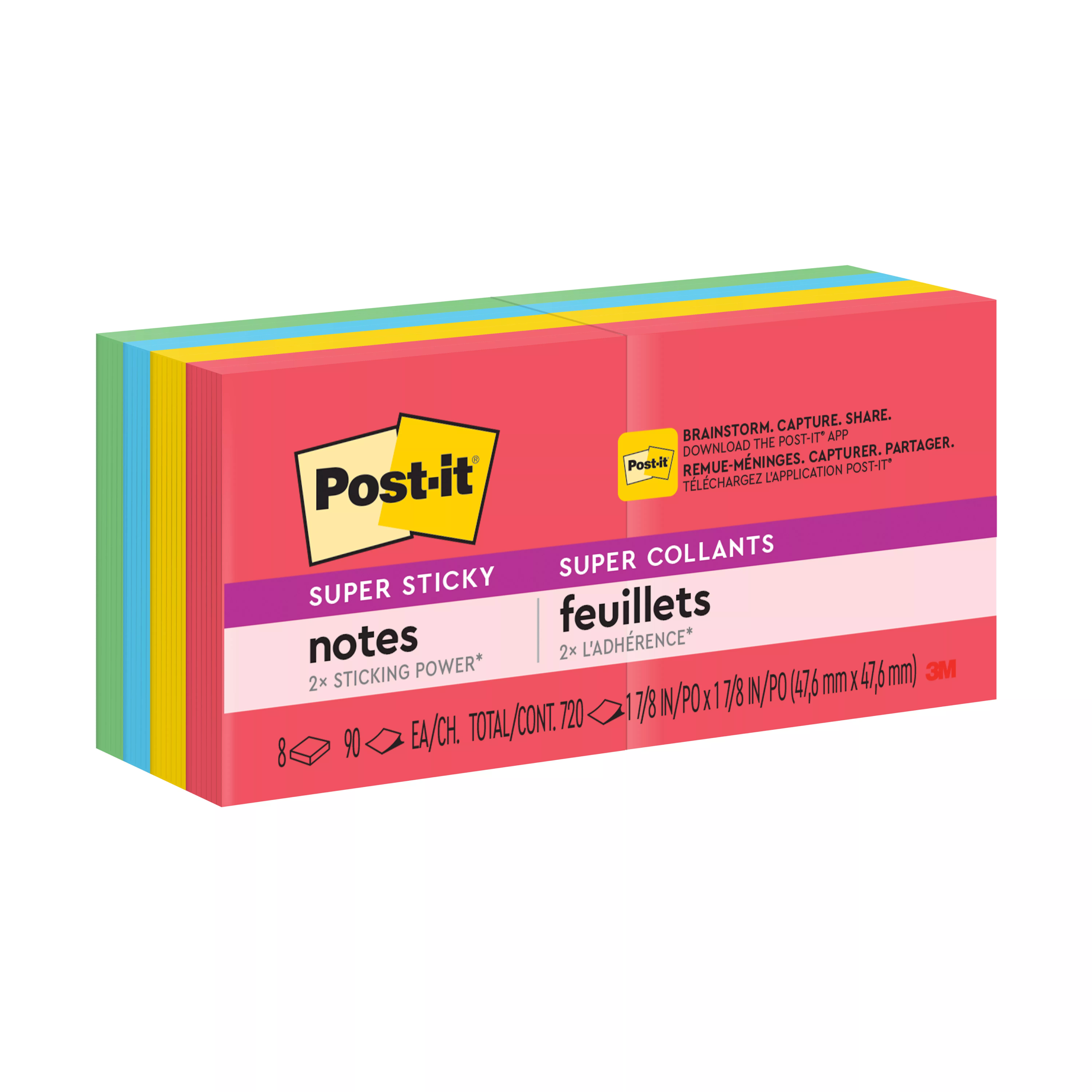 Post-it® Super Sticky Notes 622-8SSAN, 1.8 in x 1.8 in (47.6 mm x 47.6 mm), Playful Primaries Collection