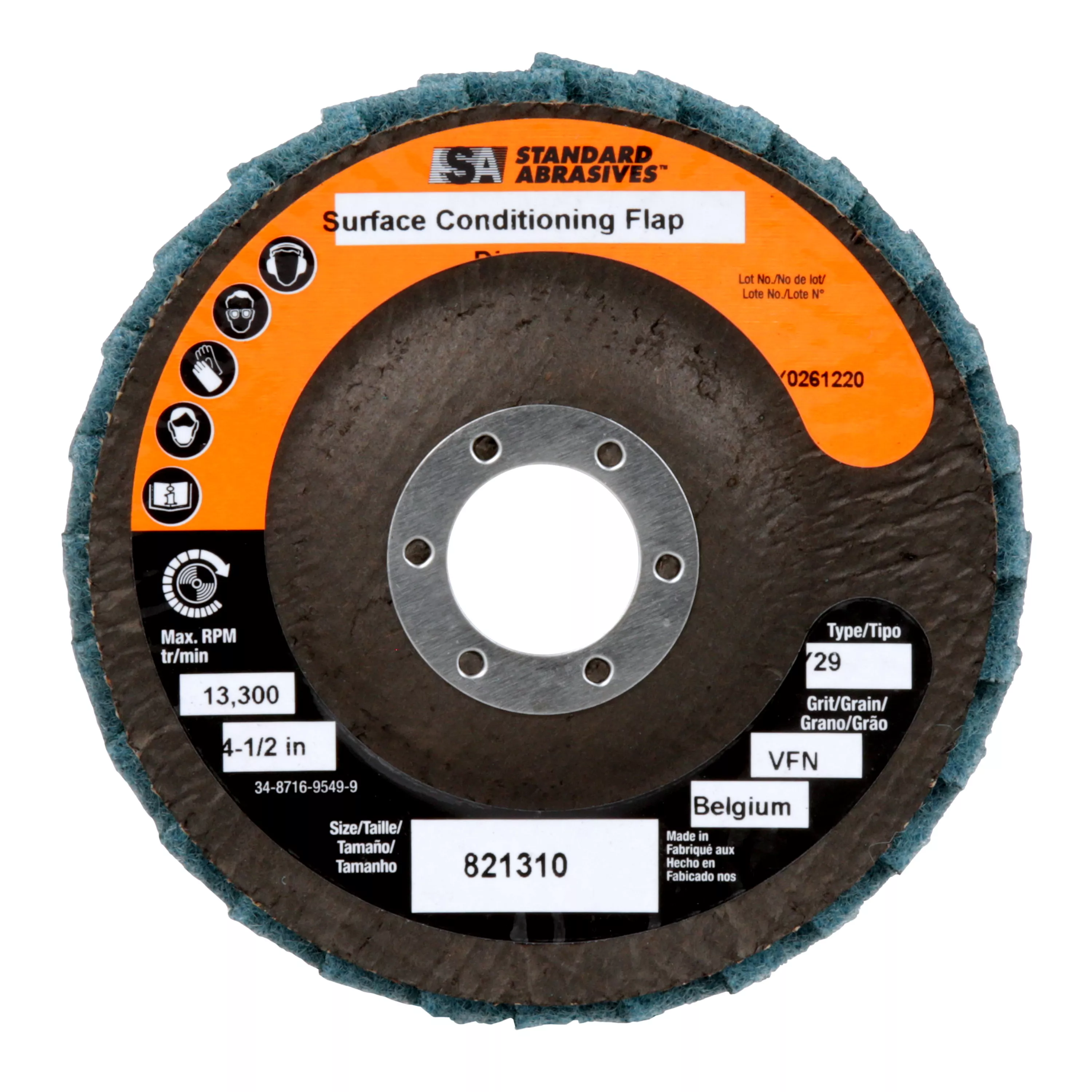 Standard Abrasives™ Surface Conditioning Flap Disc, 821310, 4-1/2 in x
7/8 in VFN, 5/Carton, 50 ea/Case
