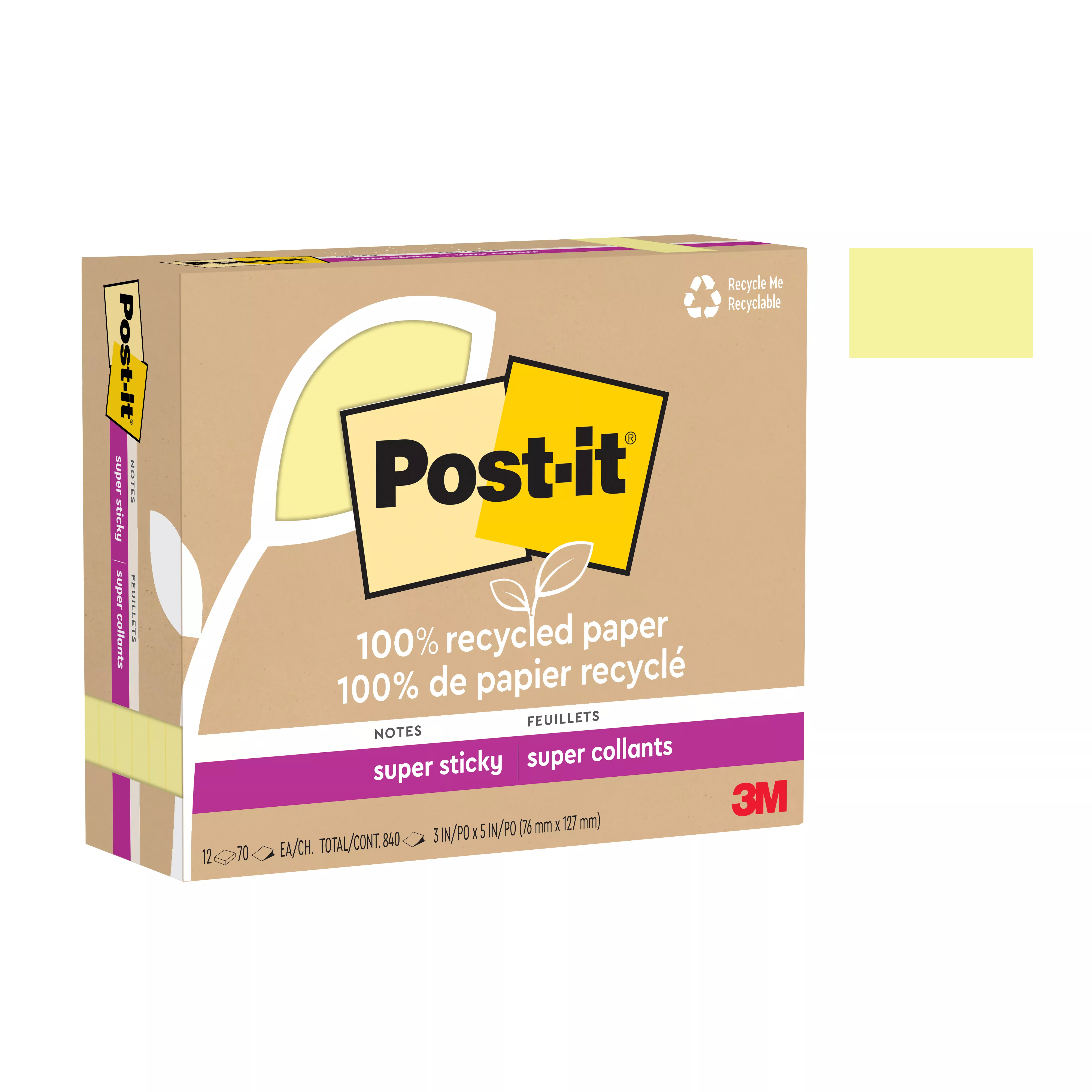 Post-it® Super Sticky Recycled Notes 655R-12SSCY, 3 in x 5 in (76 mm x 127 mm)