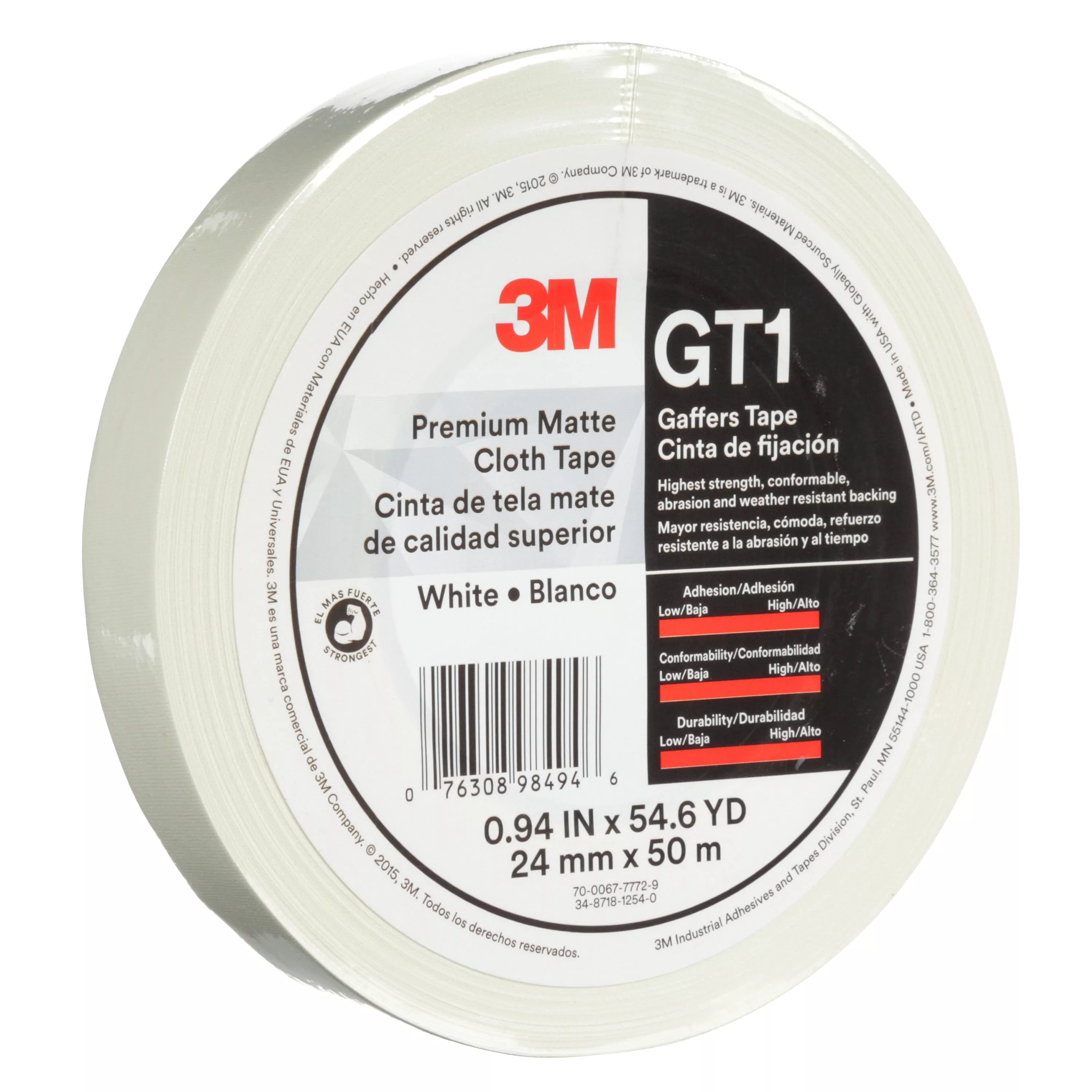 3M™ Premium Matte Cloth (Gaffers) Tape GT1, White, 24 mm x 50 m, 11 mil,
48/Case