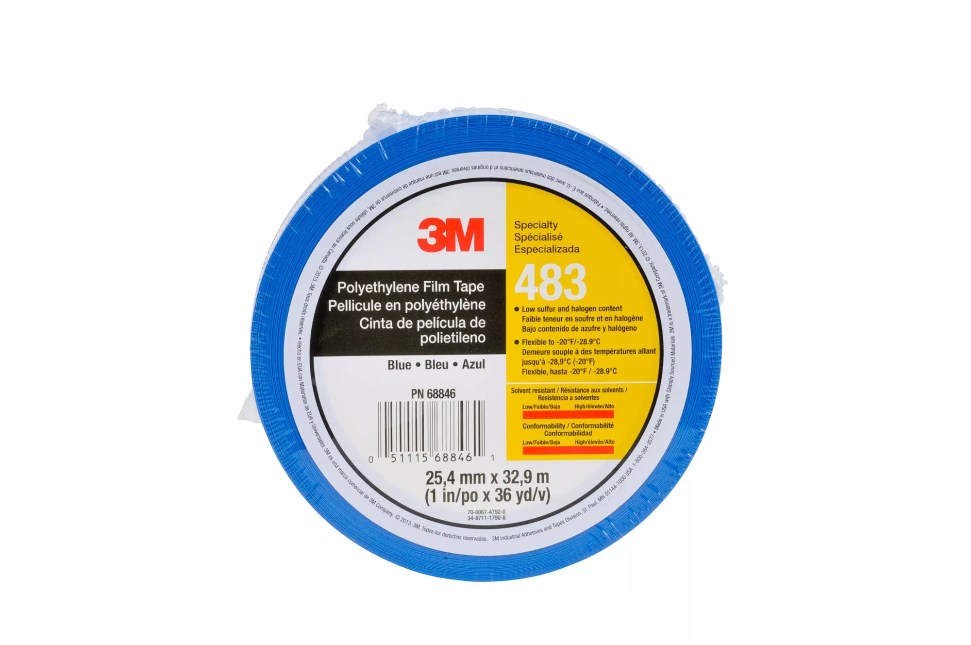 3M™ Polyethylene Tape 483, Blue, 1 in x 36 yd, 5.0 mil, 36 Roll/Case,
Individually Wrapped Conveniently Packaged