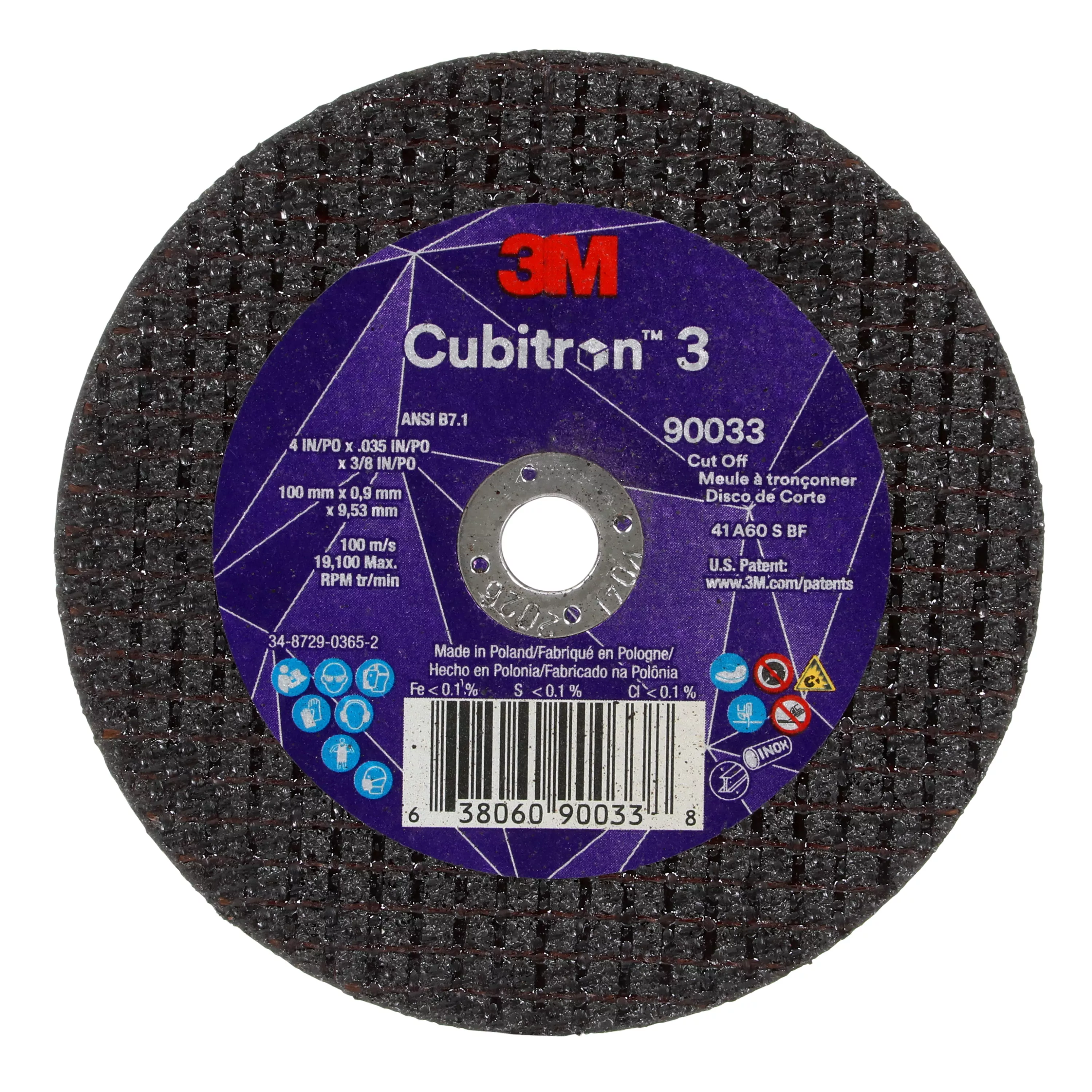 3M™ Cubitron™ 3 Cut-Off Wheel, 90033, 60+, T1, 4 in x 0.035 in x 3/8 in
(100 x 0.9 x 9.53 mm), ANSI, 25/Pack, 50 ea/Case