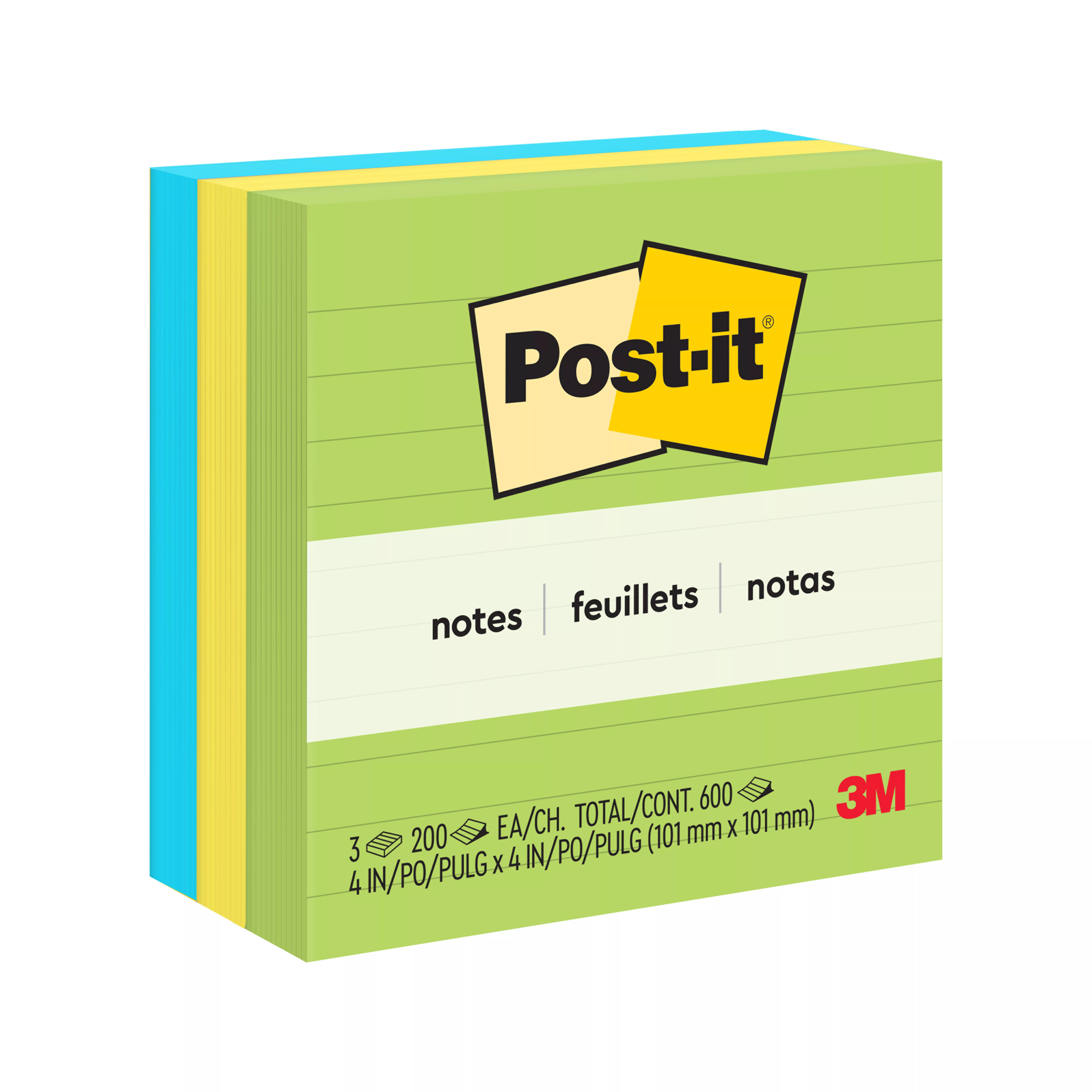 Post-it® Notes, 675-3AUL, 4 in x 4 in (101 mm x 101 mm) Jaipur colors. 3
pads, 200 sheets/pad