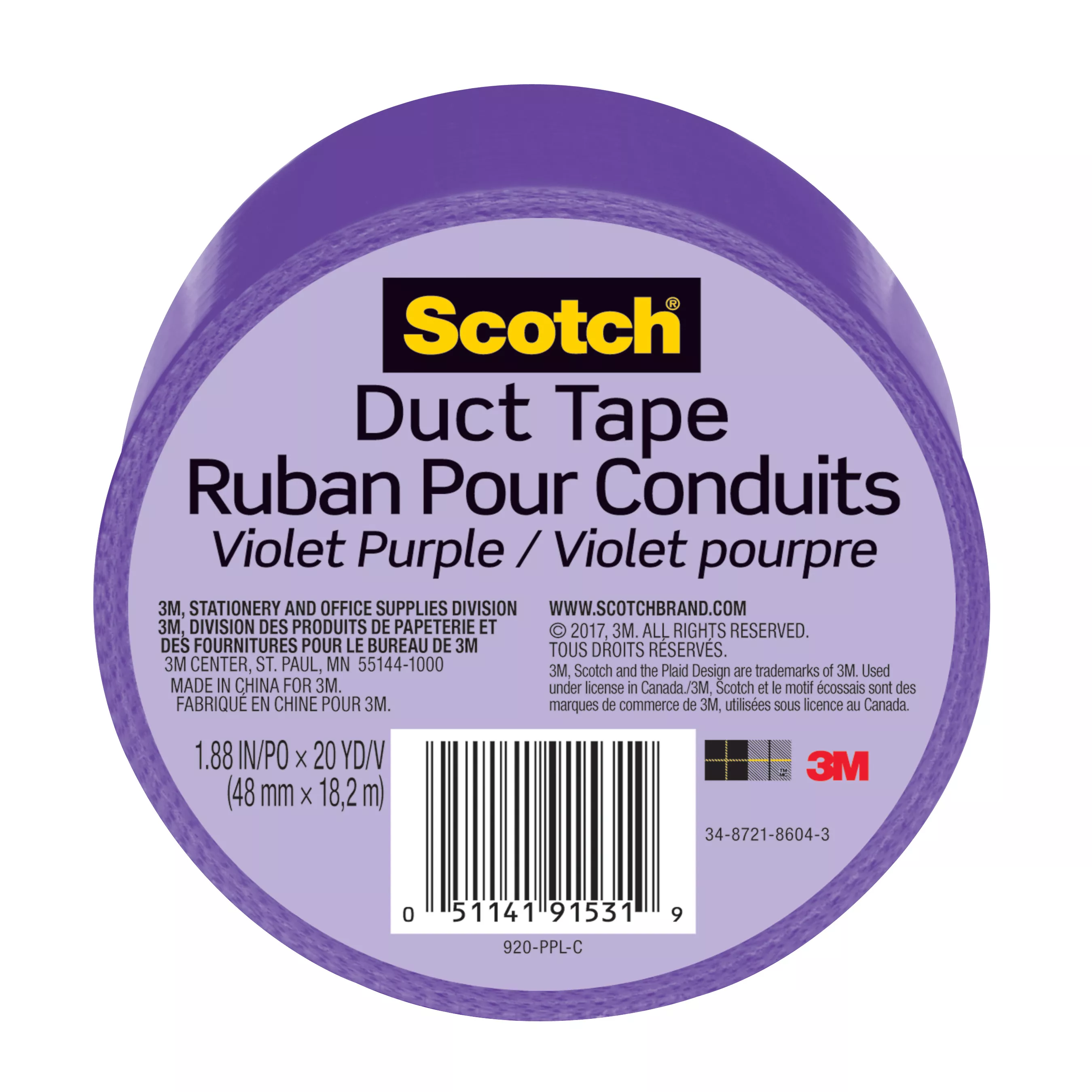 Scotch® Duct Tape 920-PPL-C, 1.88 in x 20 yd (48 mm x 18,2 m), Purple