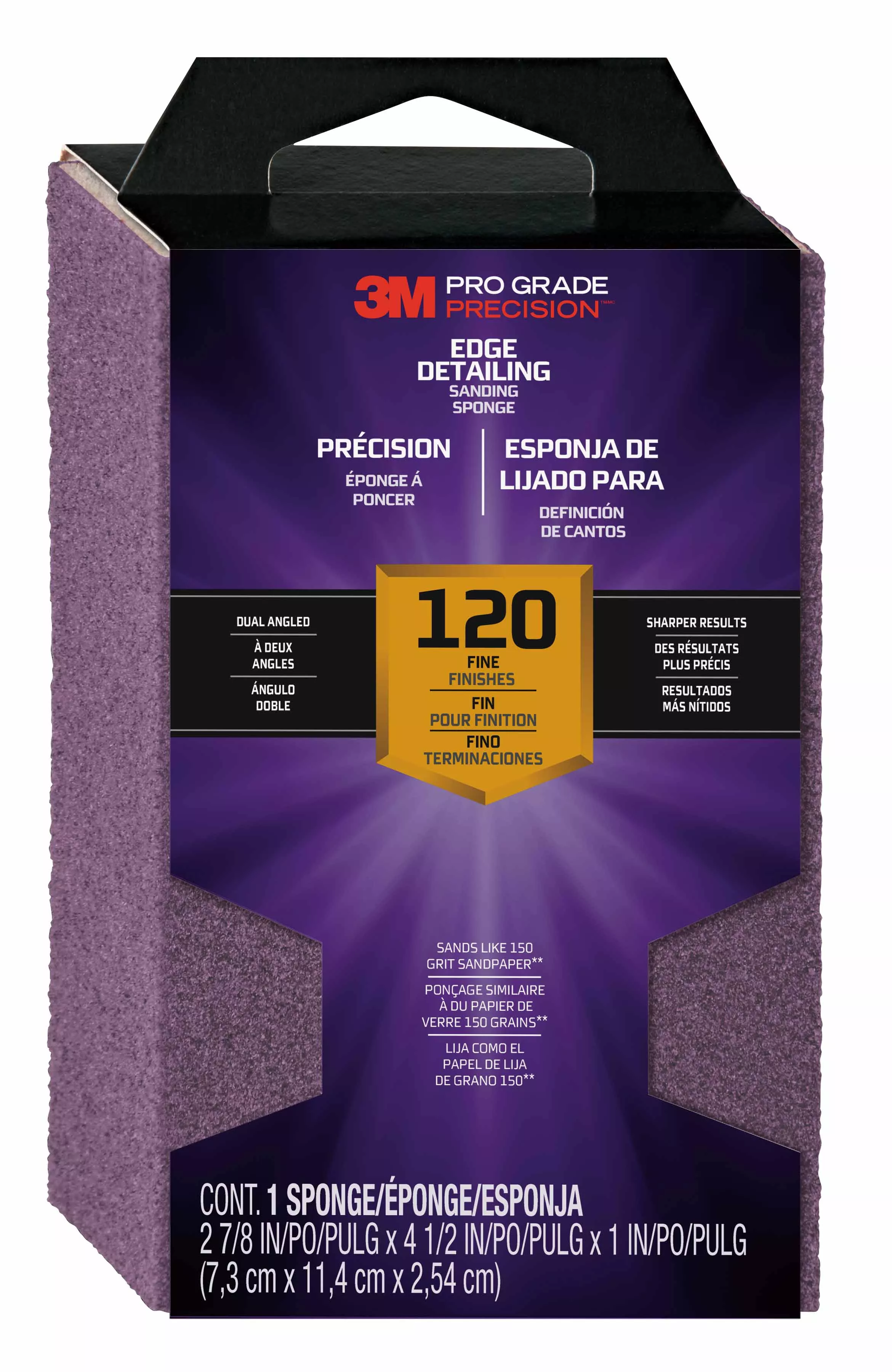 3M™ Pro Grade Precision™ Edge Detailing Dual Angle Sanding Sponge
24301TRI-F-DA, 2 7/8 in x 4 1/2 in x 1 in, 120 grit, 12/cs