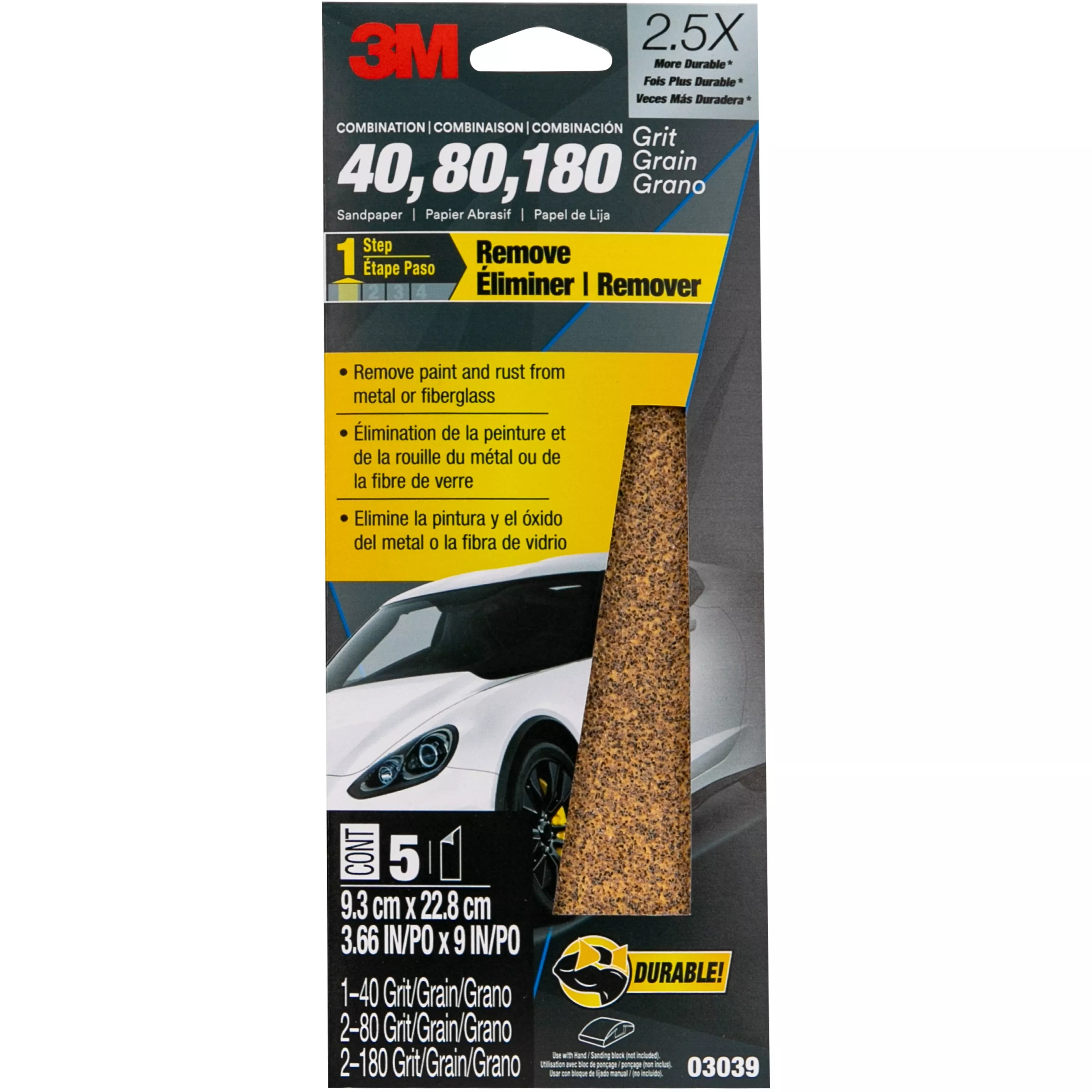 3M™ Sandpaper 03039, Asst Grit, 3-2/3 in x 9 in, 5/Pack, 20 Pack/Case