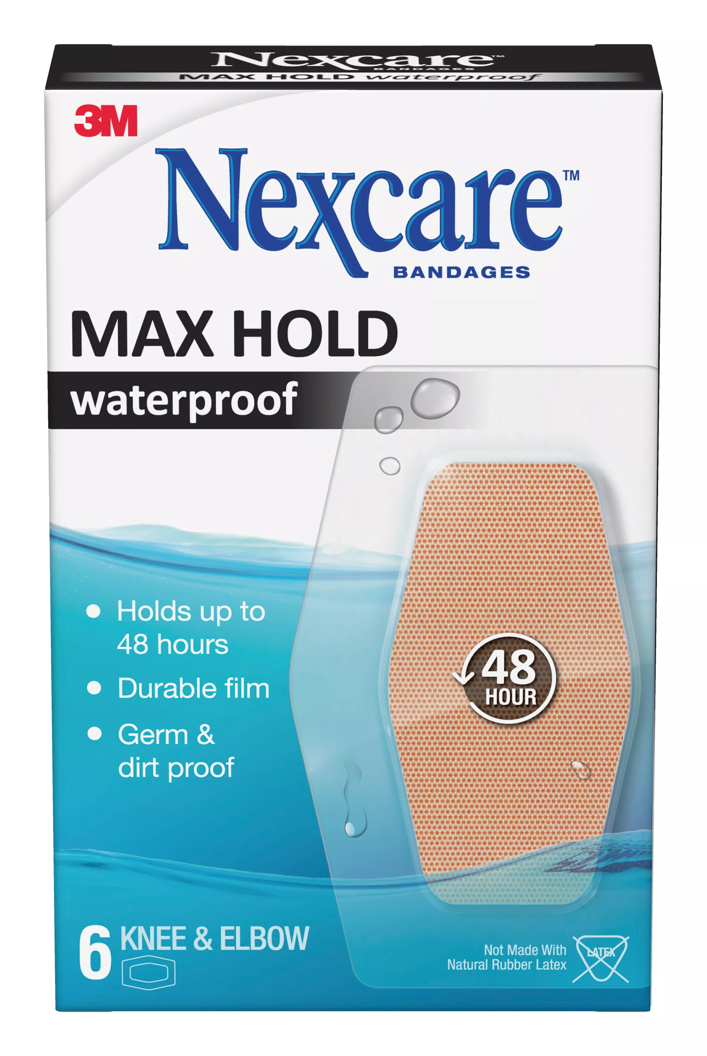 Nexcare™ Max Hold Waterproof Bandages MHW-06, Knee & Elbow, 2.38 in x 3.5 in (60 mm x 88 mm)