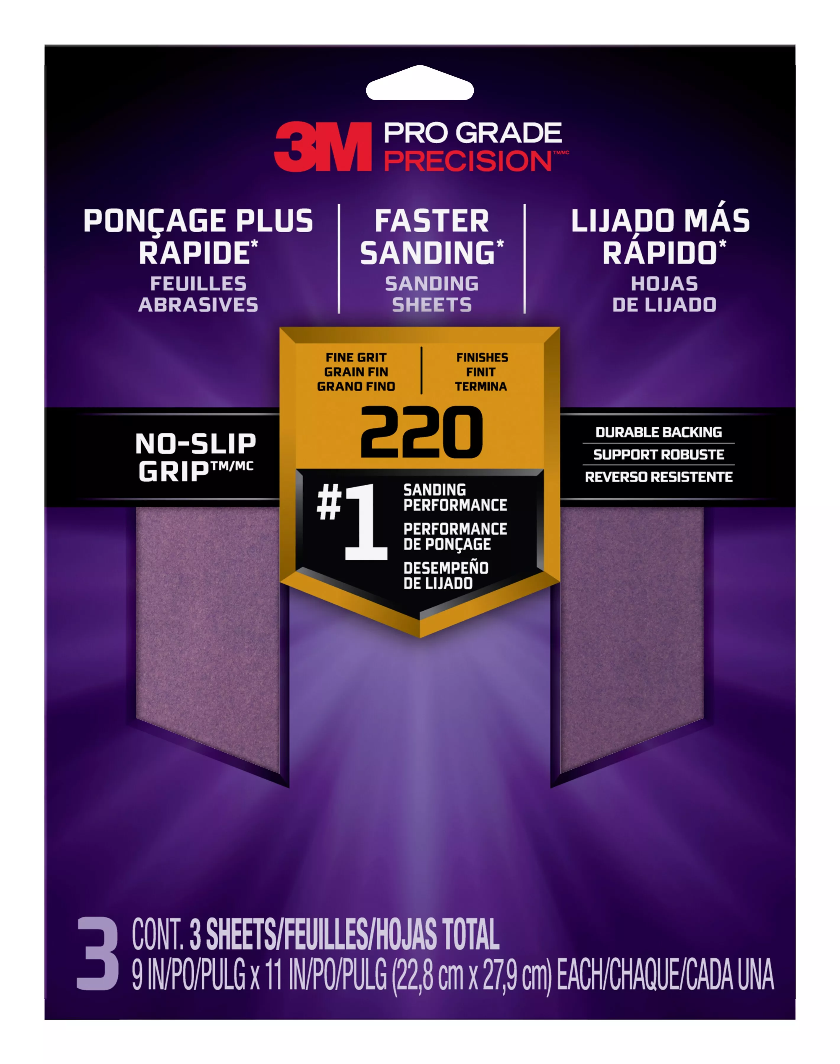 3M™ Pro Grade Precision™ Faster Sanding Sanding Sheets 220 grit Fine,
26220TRI-3, 9 in x 11 in, 3/pk
