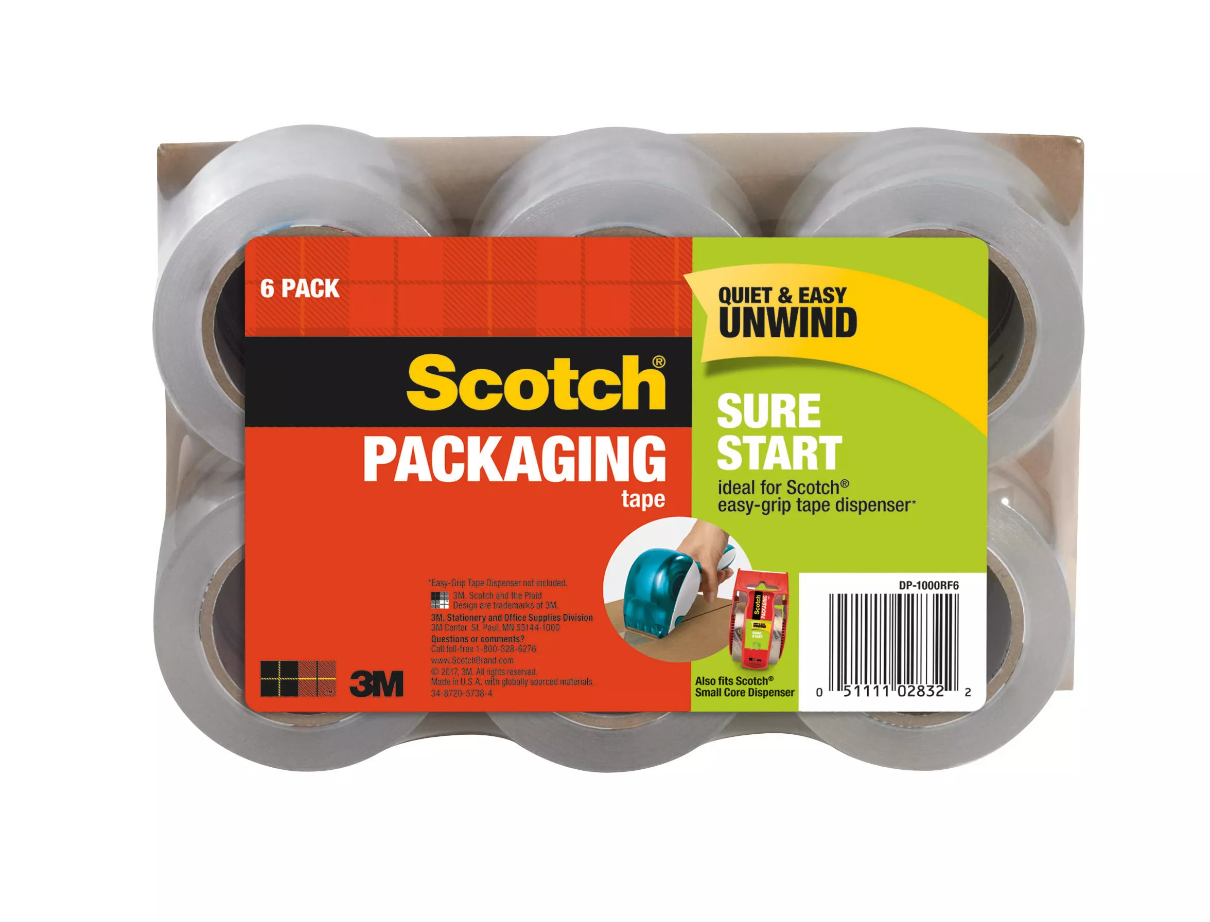 Scotch® Sure Start Packaging Tape, DP-1000RF6, 1.88 in x 900 in (48 mm x 22,8 m), 6 Pack