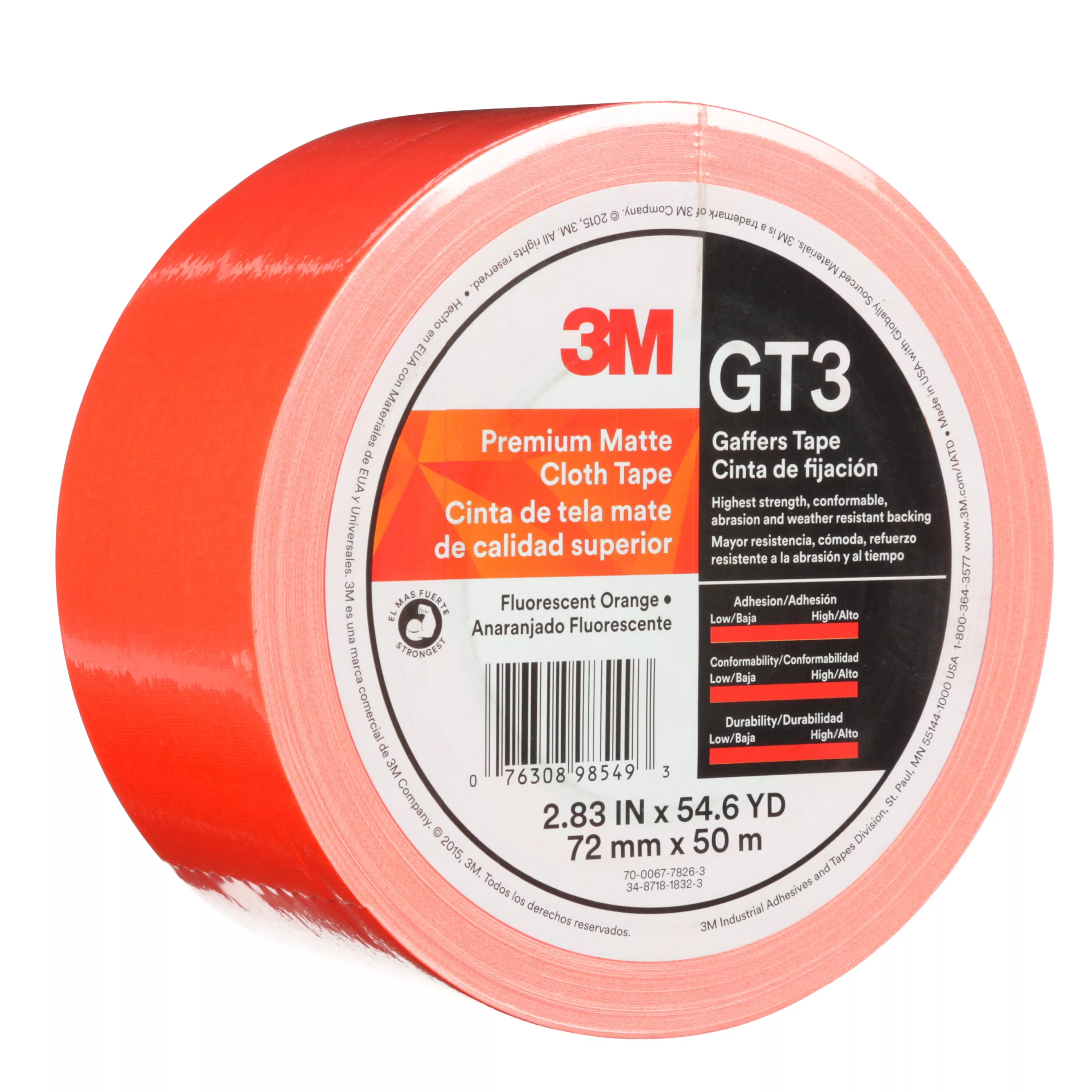 3M™ Premium Matte Cloth (Gaffers) Tape GT3, Fluorescent Orange, 72 mm x
50 m, 11 mil, 16/Case