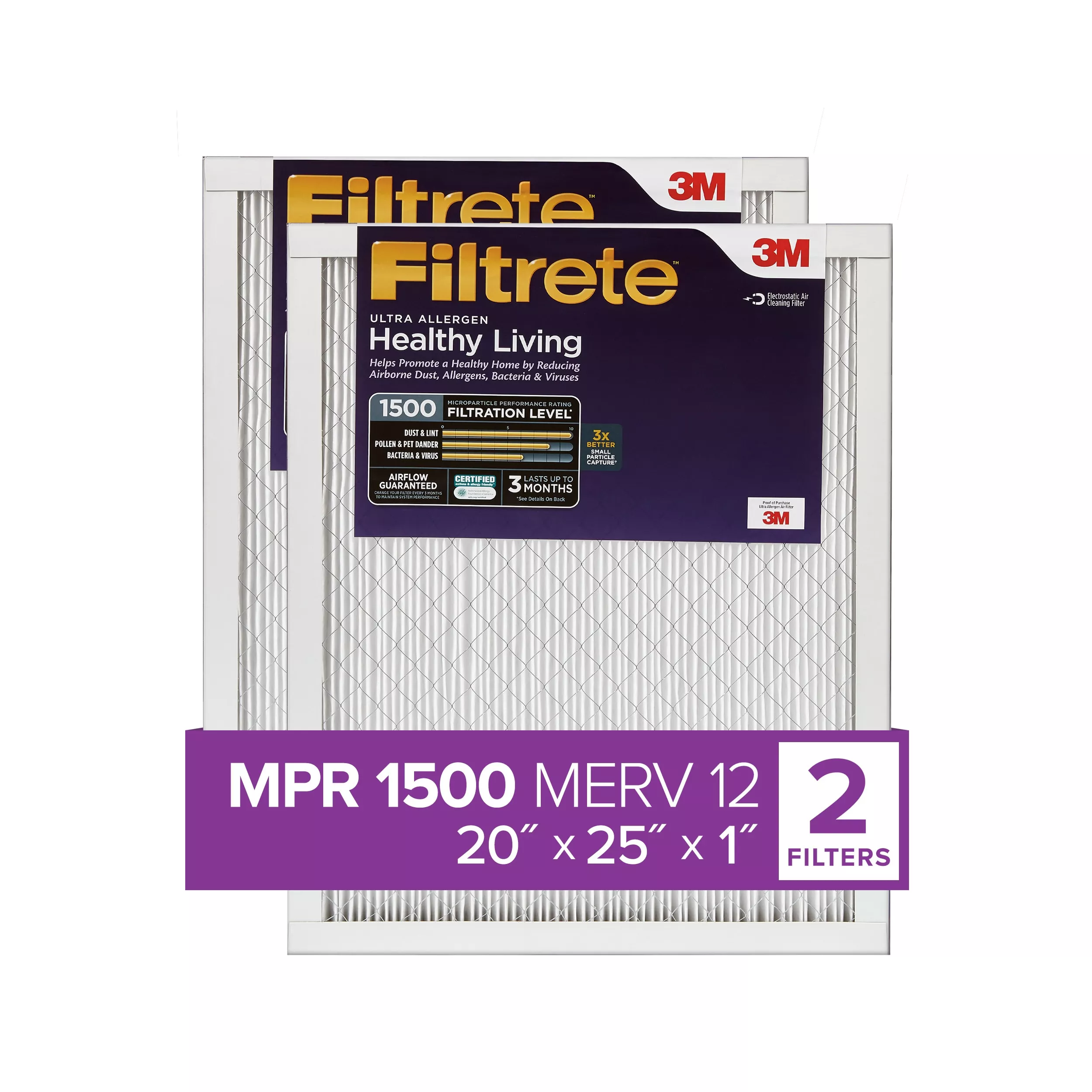 Filtrete™ Ultra Allergen Reduction Filter UR03-2PK-1E, 20 in x 25 in x 1 in (50.8 cm x 63.5 cm x 2.5 cm)