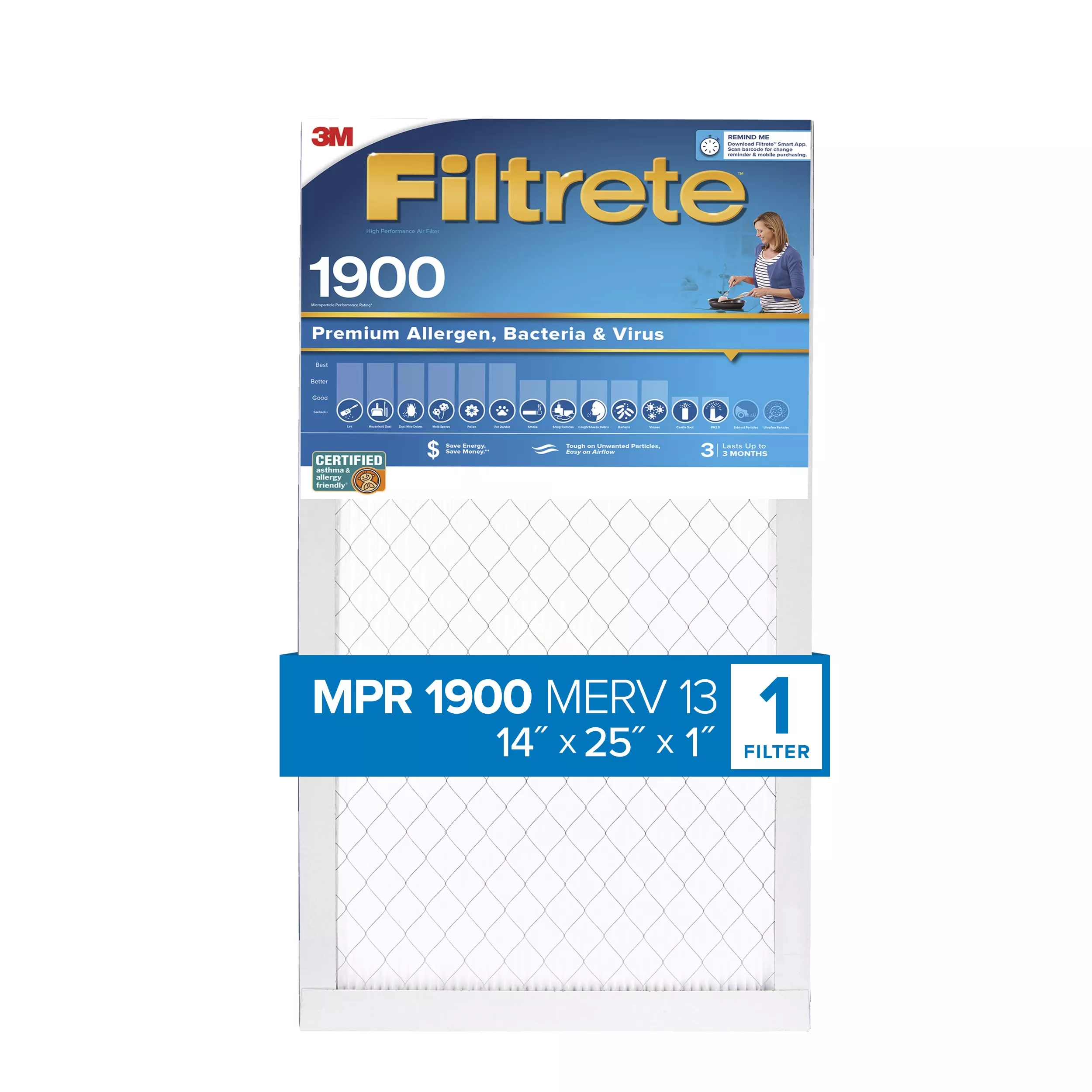 Filtrete™ High Performance Air Filter 1900 MPR UA04-4, 14 in x 25 in x 1 in (35.5 cm x 63.5 cm x 2.5 cm)