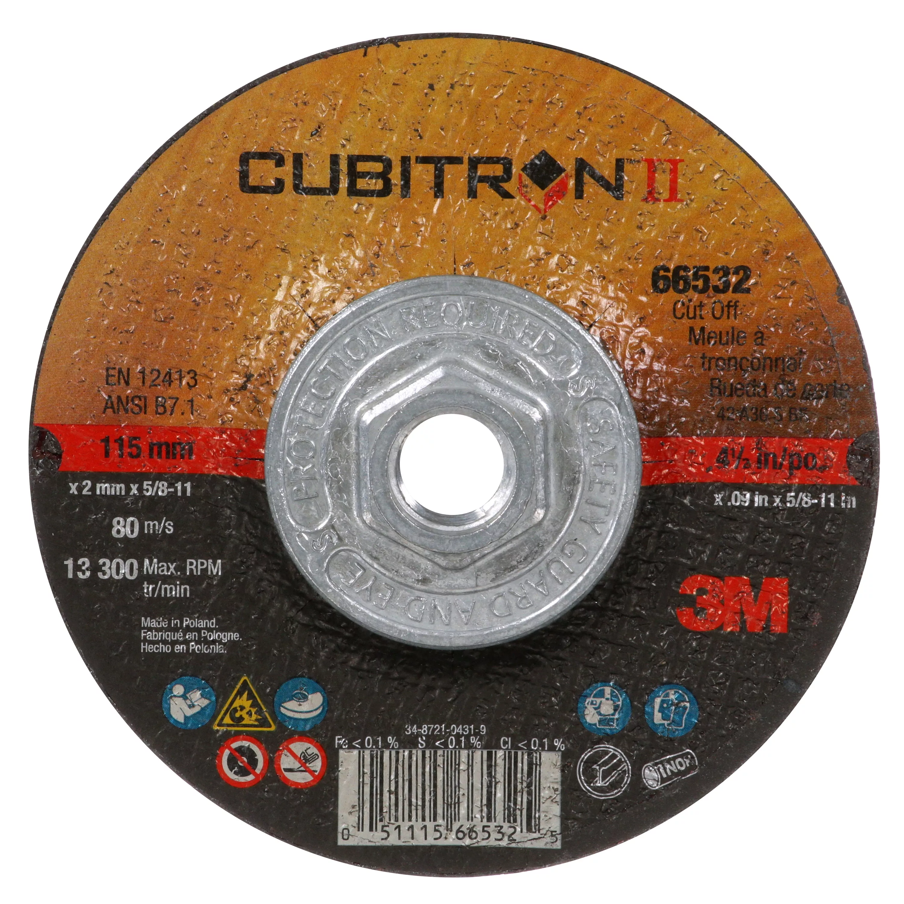 3M™ Cubitron™ II Cut-Off Wheel, 66532, Type 27 Quick Change, 4.5 in x
.09 in x 5/8