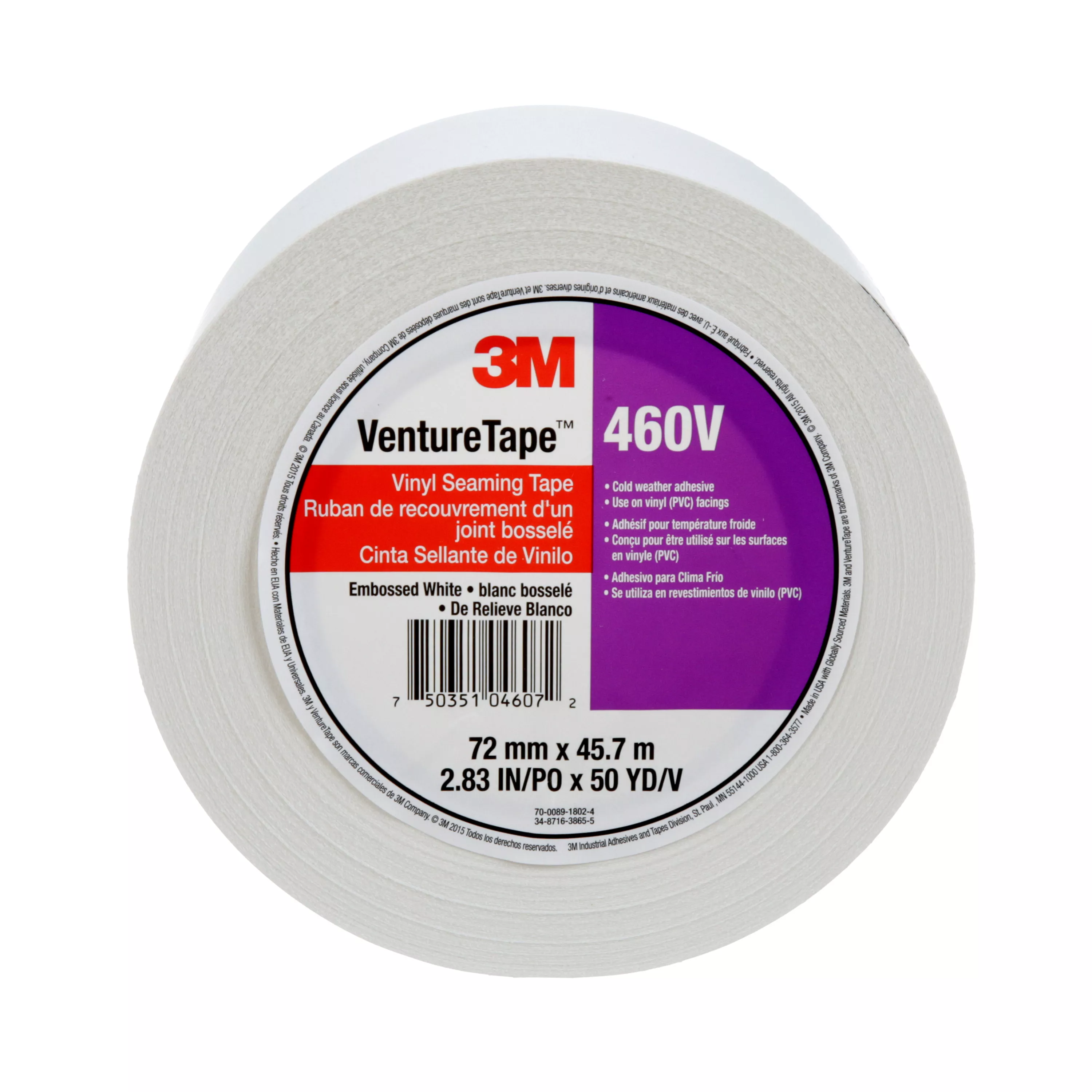 3M™ Venture Tape™ Vinyl Seaming Tape 460V, Embossed, White, 72 mm x 45.7
m, 16 Rolls/Case