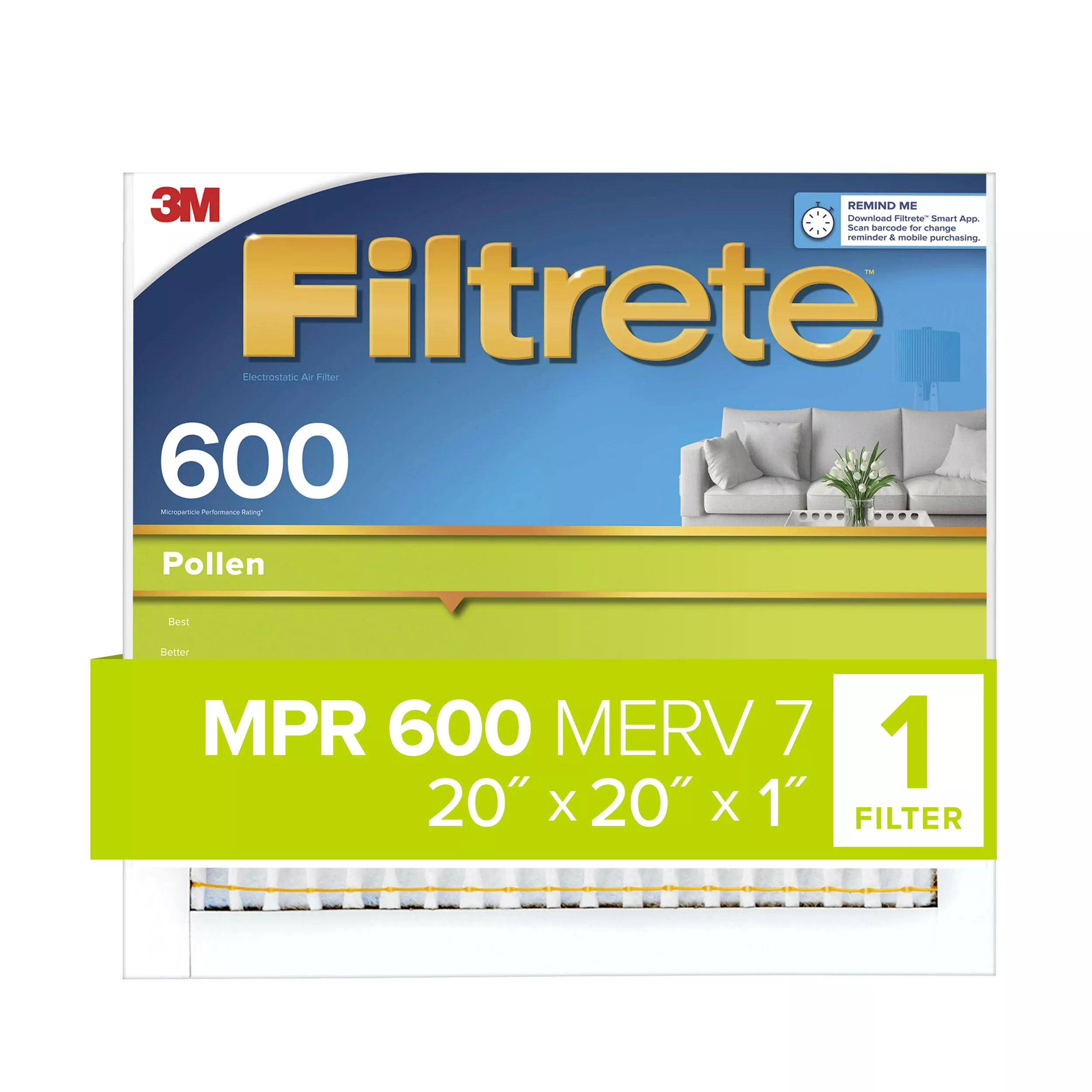 Filtrete™ Pollen Air Filter, 600 MPR, 9832-4, 20 in x 20 in x 1 in (50.8
cm x 50.8 cm x 2.54 cm)