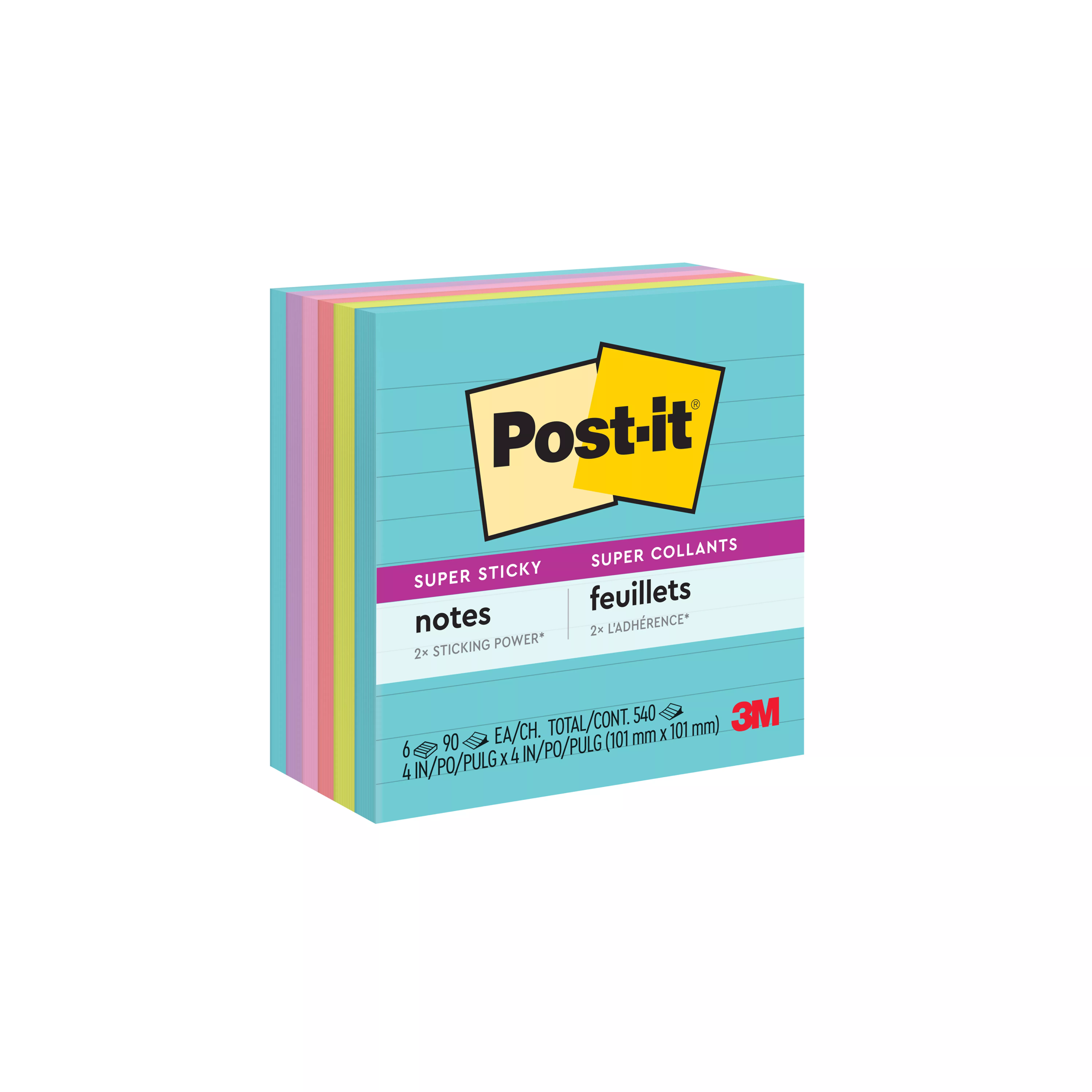 Post-it® Super Sticky Notes 675-6SSMIA, 4 in x 4 in (101 mm x 101 mm), Supernova Neons, 6 Pads/Pack, 90 Sheets/Pad, Lined