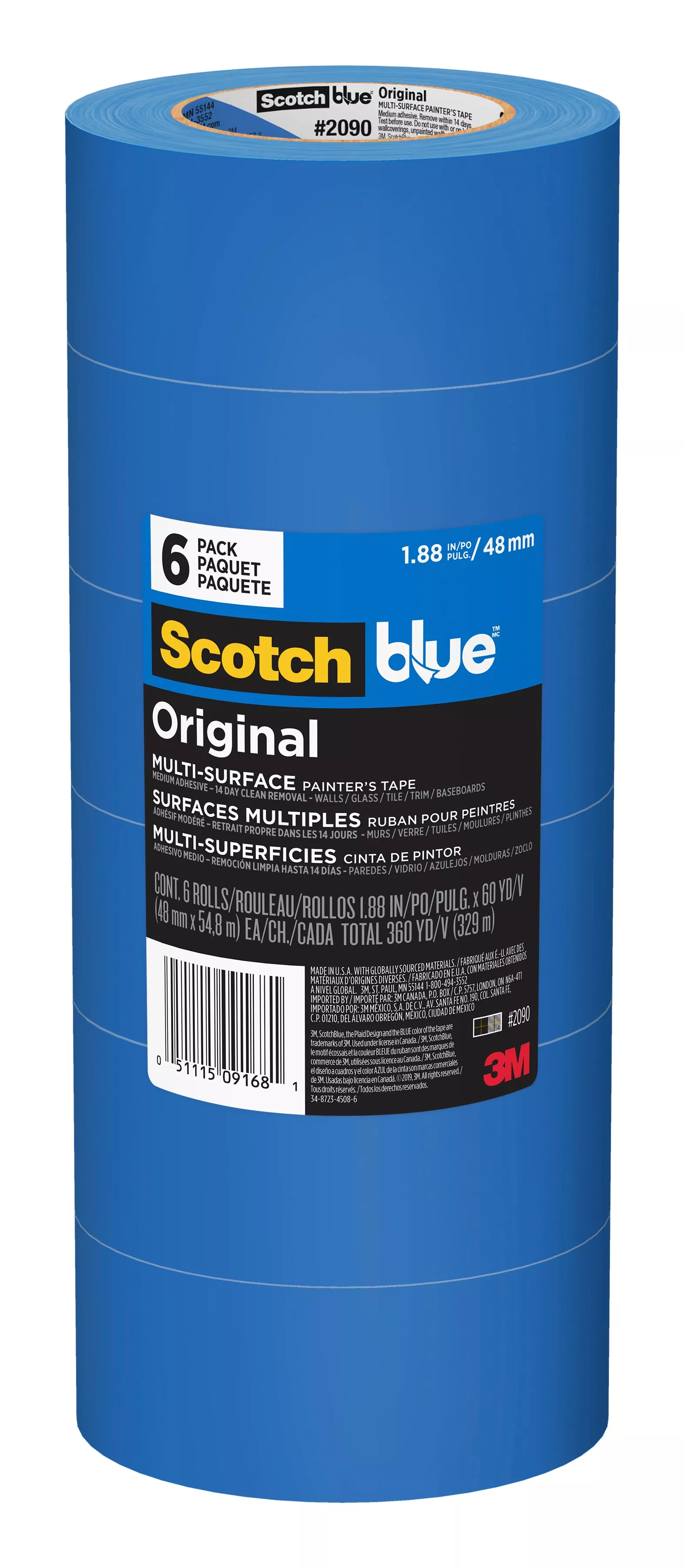 ScotchBlue™ Original Painter's Tape 2090-48SC6, 1.88 in x 60 yd (48 mm x 54.8 m), 6 rolls/pack