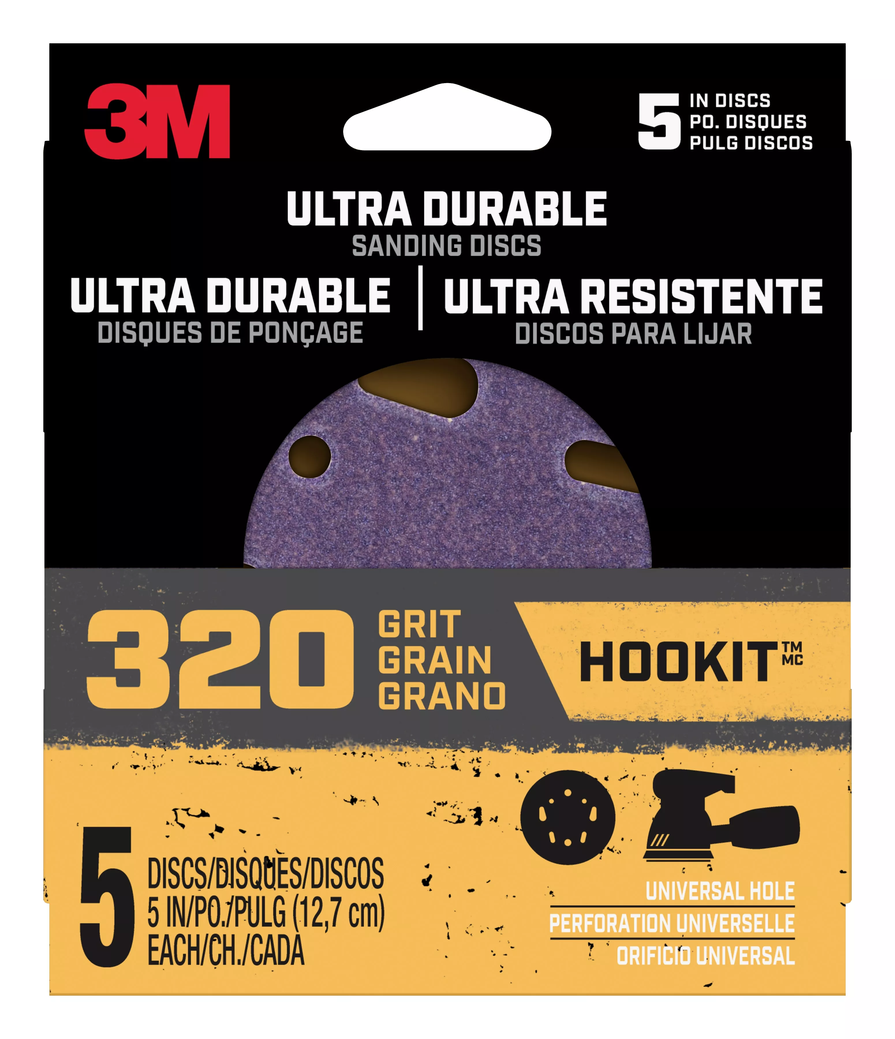 3M™ Ultra Durable 5 inch Power Sanding Discs, Universal Hole, 320 grit,
Disc5in5pk320, 5/pk, 20/case