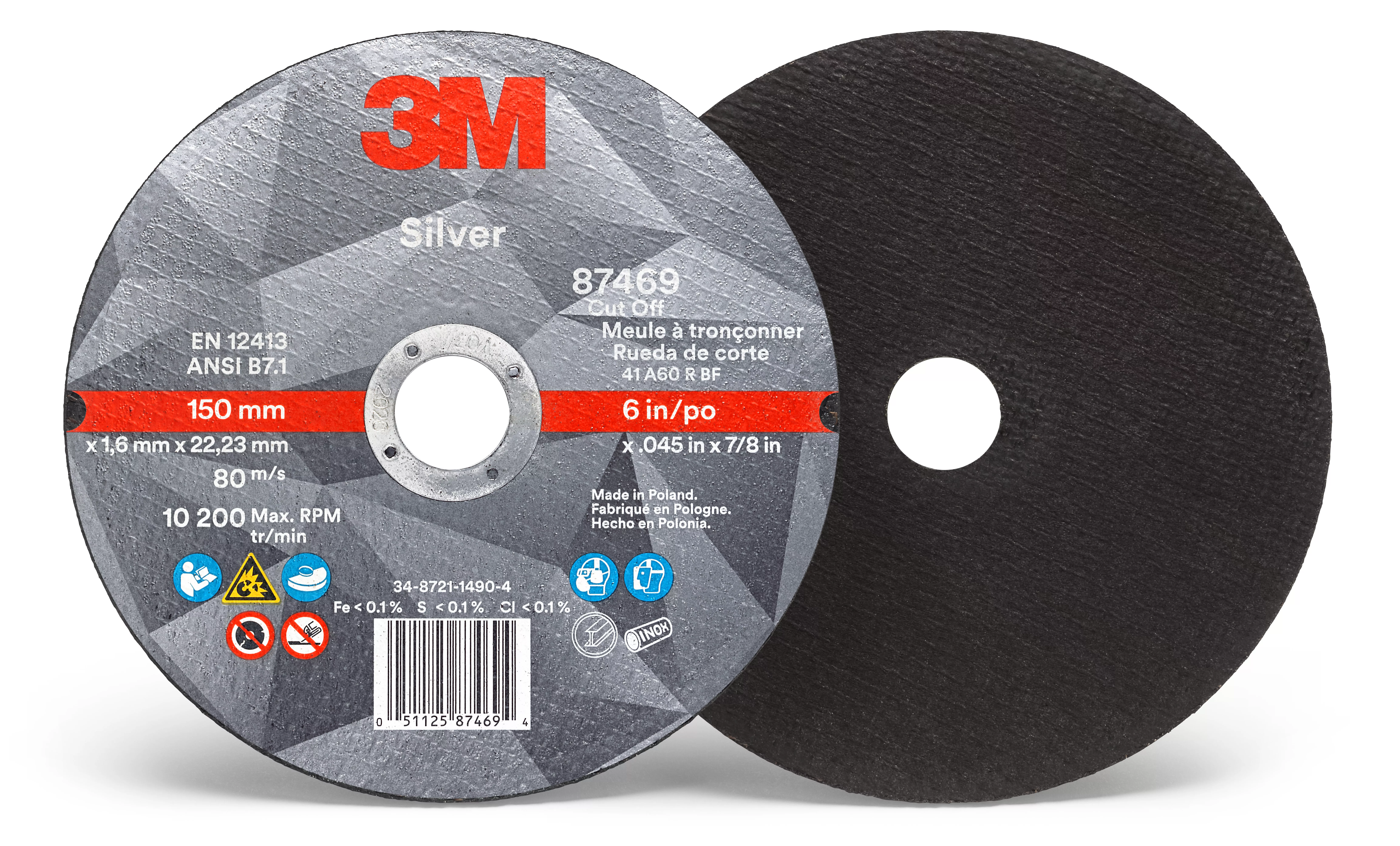 3M™ Silver Cut-Off Wheel, 87469, T1, 6 in x .045 in x 7/8 in, 25/Carton,
50 ea/Case