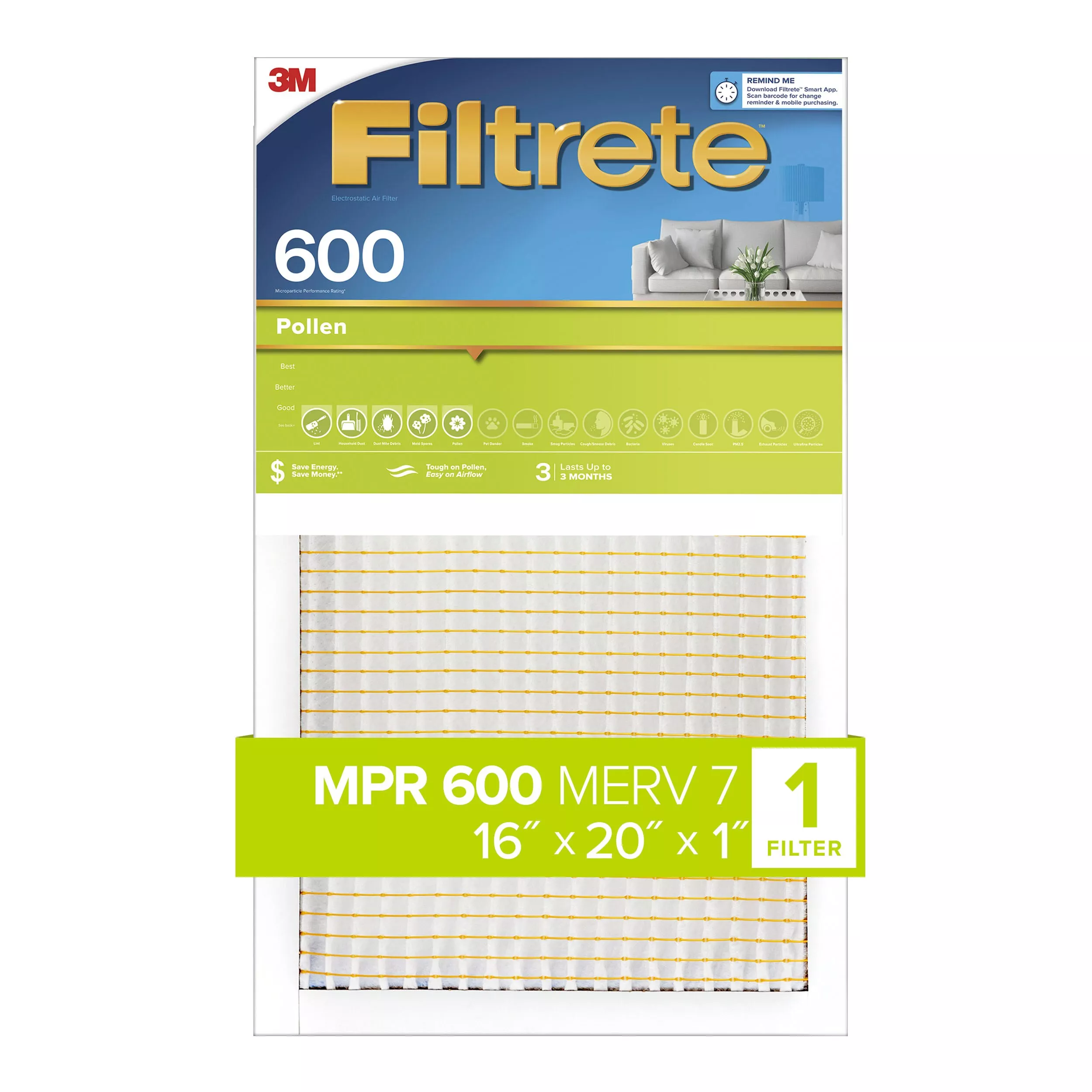 Filtrete™ Pollen Air Filter, 600 MPR, 9830-4, 16 in x 20 in x 1 in (40.6
cm x 50.8 cm x 2.54 cm)