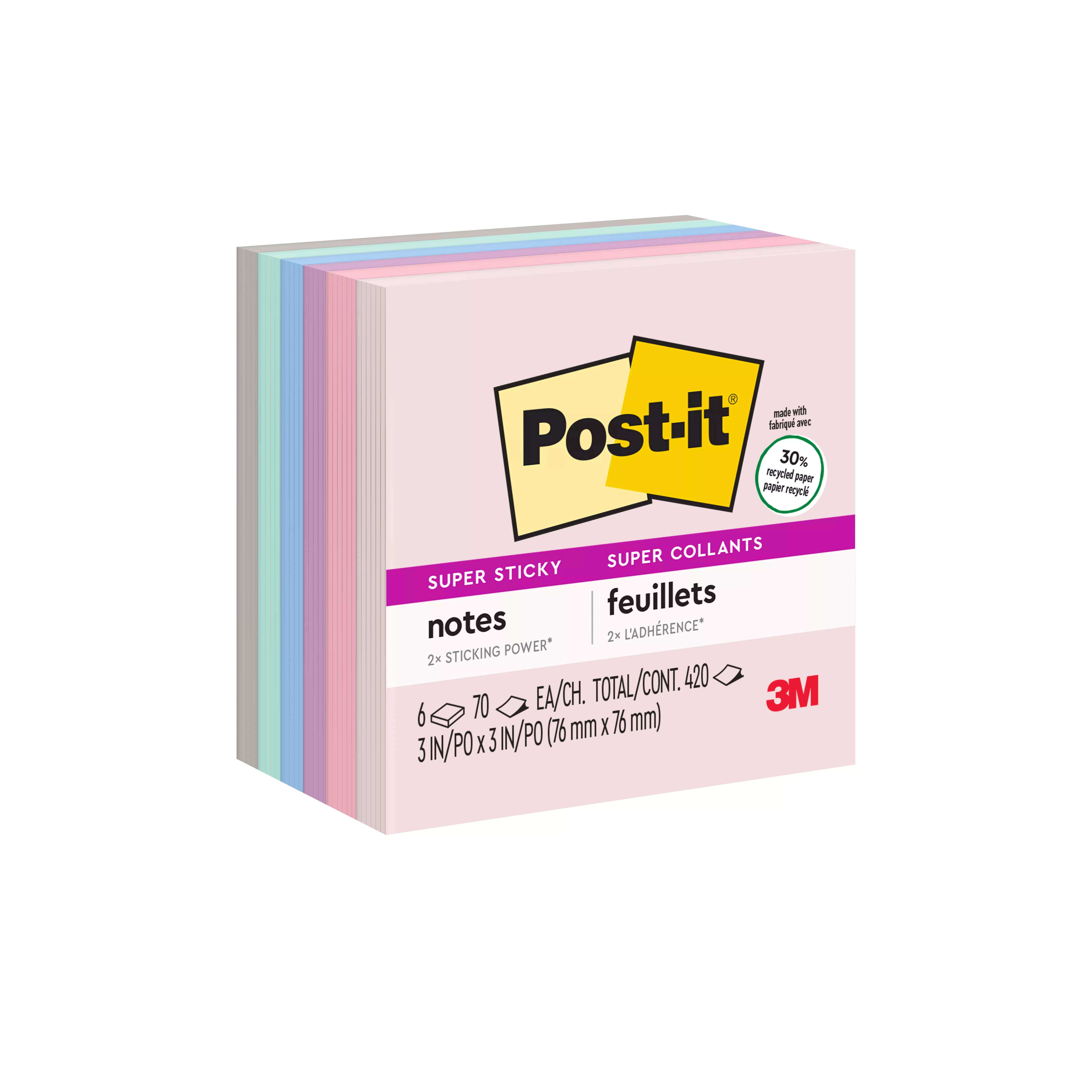 Post-it® Super Sticky Recycled Notes 654-6SSNRP, 3 in x 3 in (76 mm x 76 mm), Wanderlust Pastels Collection