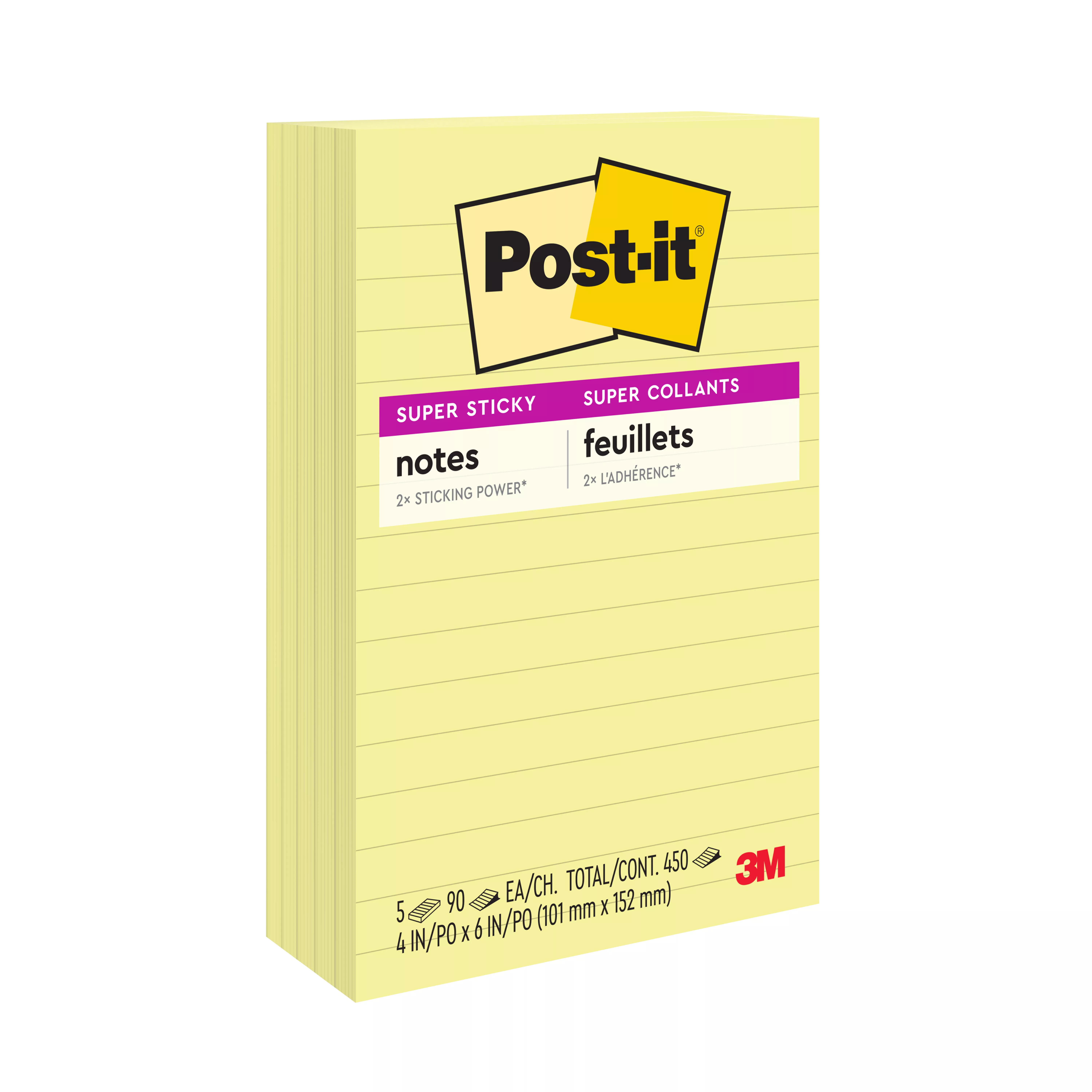 Post-it® Super Sticky Notes 660-5SSCY, 4 in x 6 in (10.16 cm x 15.24 cm) Canary Yellow, lined, 5 pack, 90 sheet pads