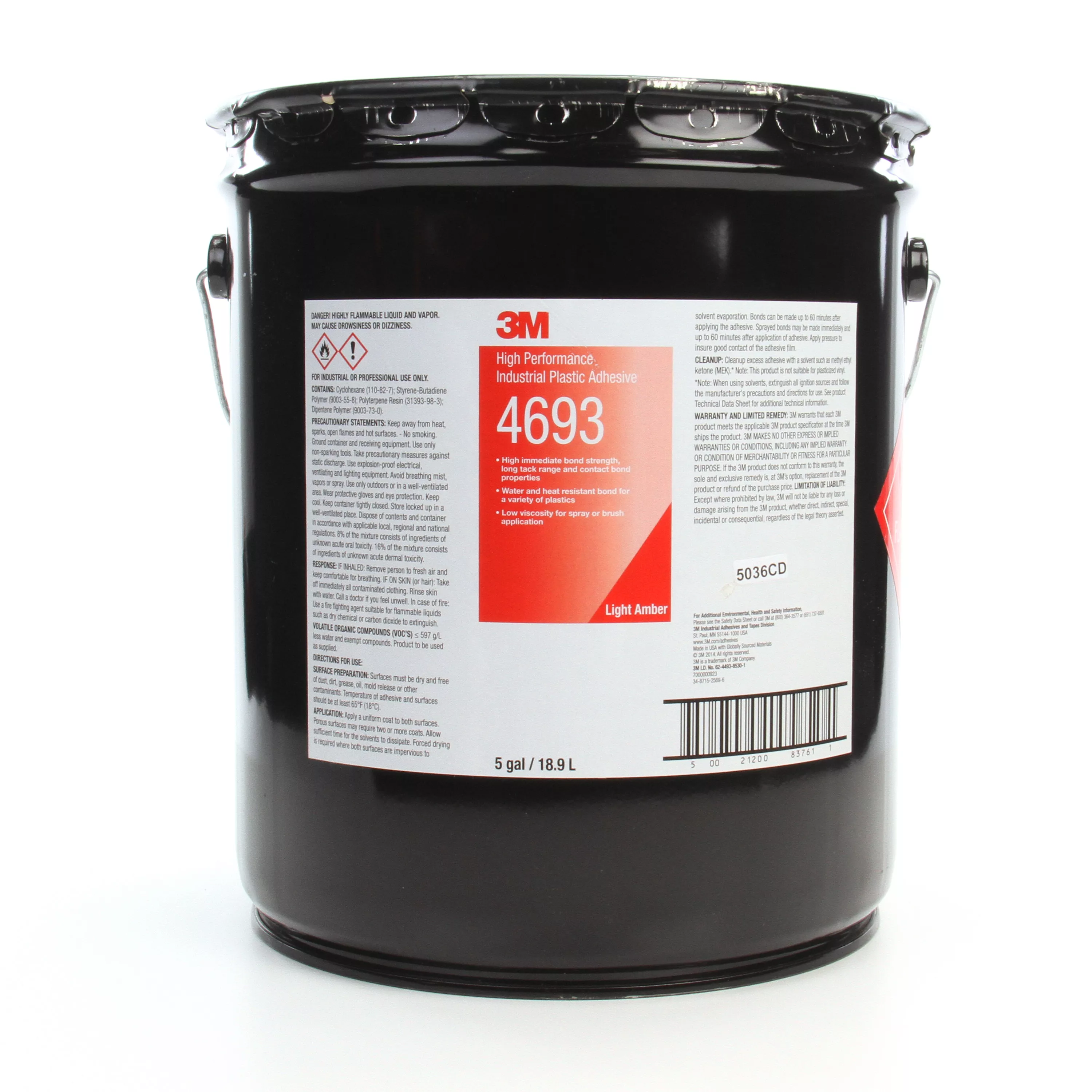 3M™ High Performance Industrial Plastic Adhesive 4693, Light Amber, 5
Gallon (Pail), 1 Can/Drum