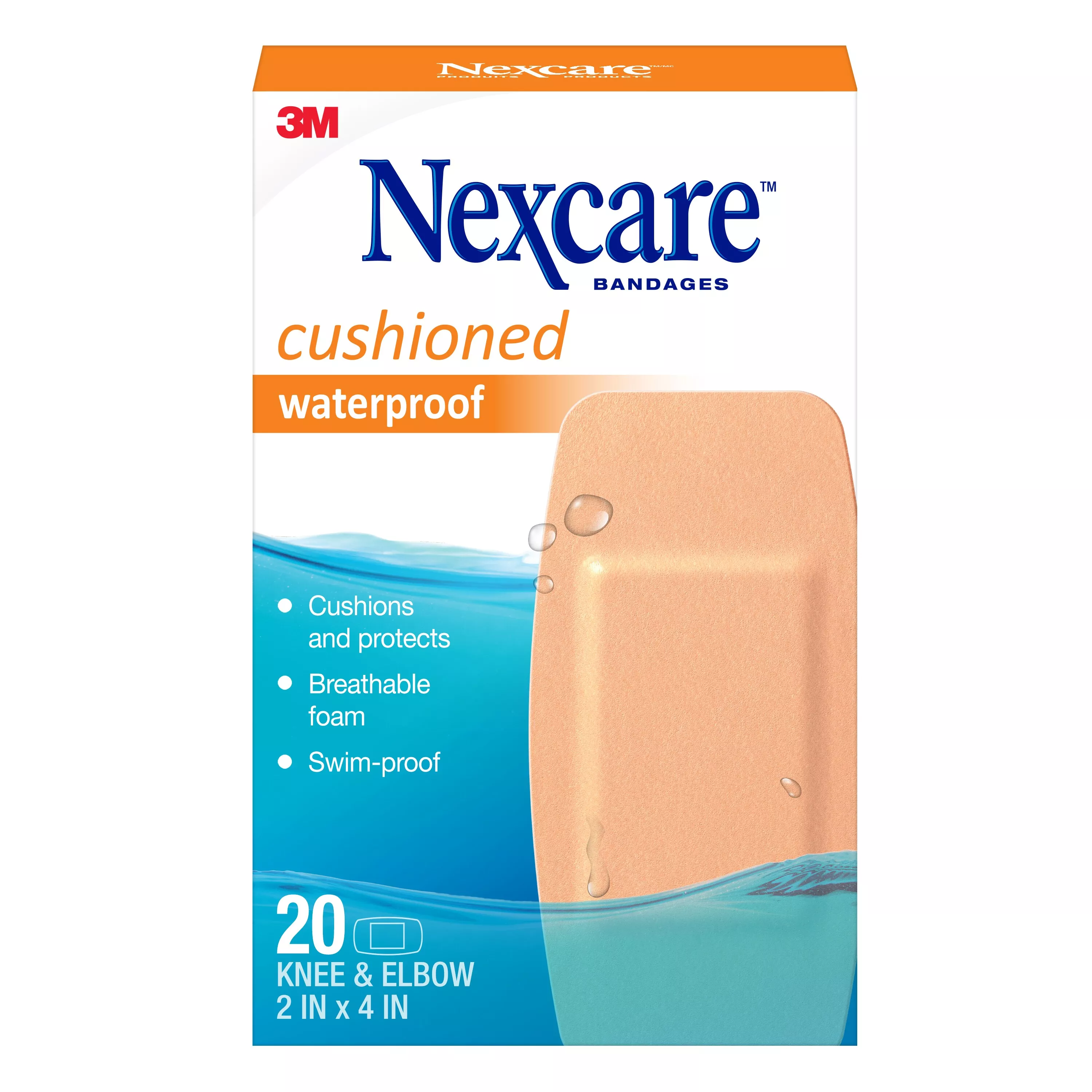Nexcare™ Waterproof Cushioned Foam Bandages Knee & Elbow 20 ct. 522-20CB-CA, 2 in x 4 in (50 mm x 101 mm)