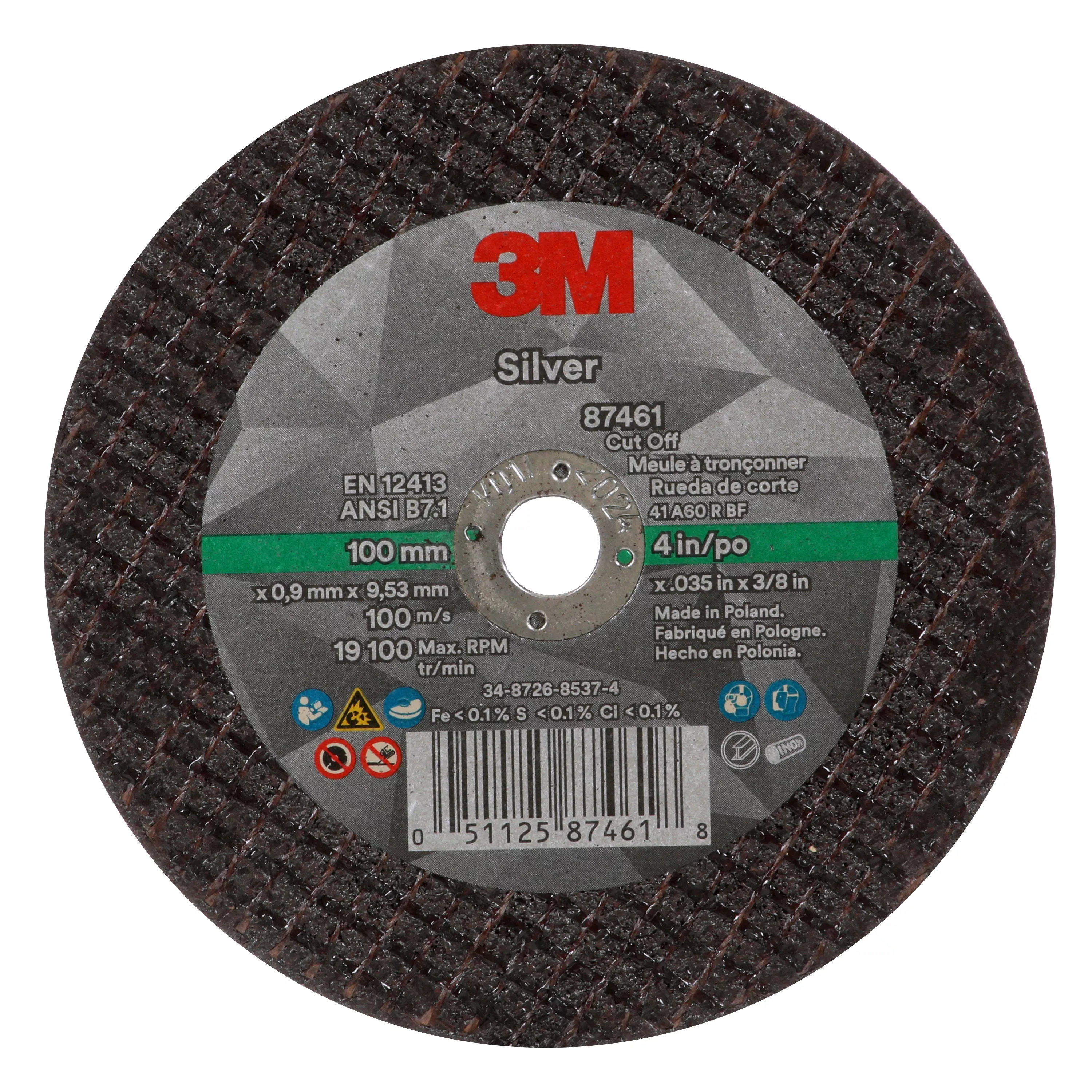 3M™ Silver Cut-Off Wheel, 87461, T1, 4 in x .035 in x 3/8 in, 50 ea/Case