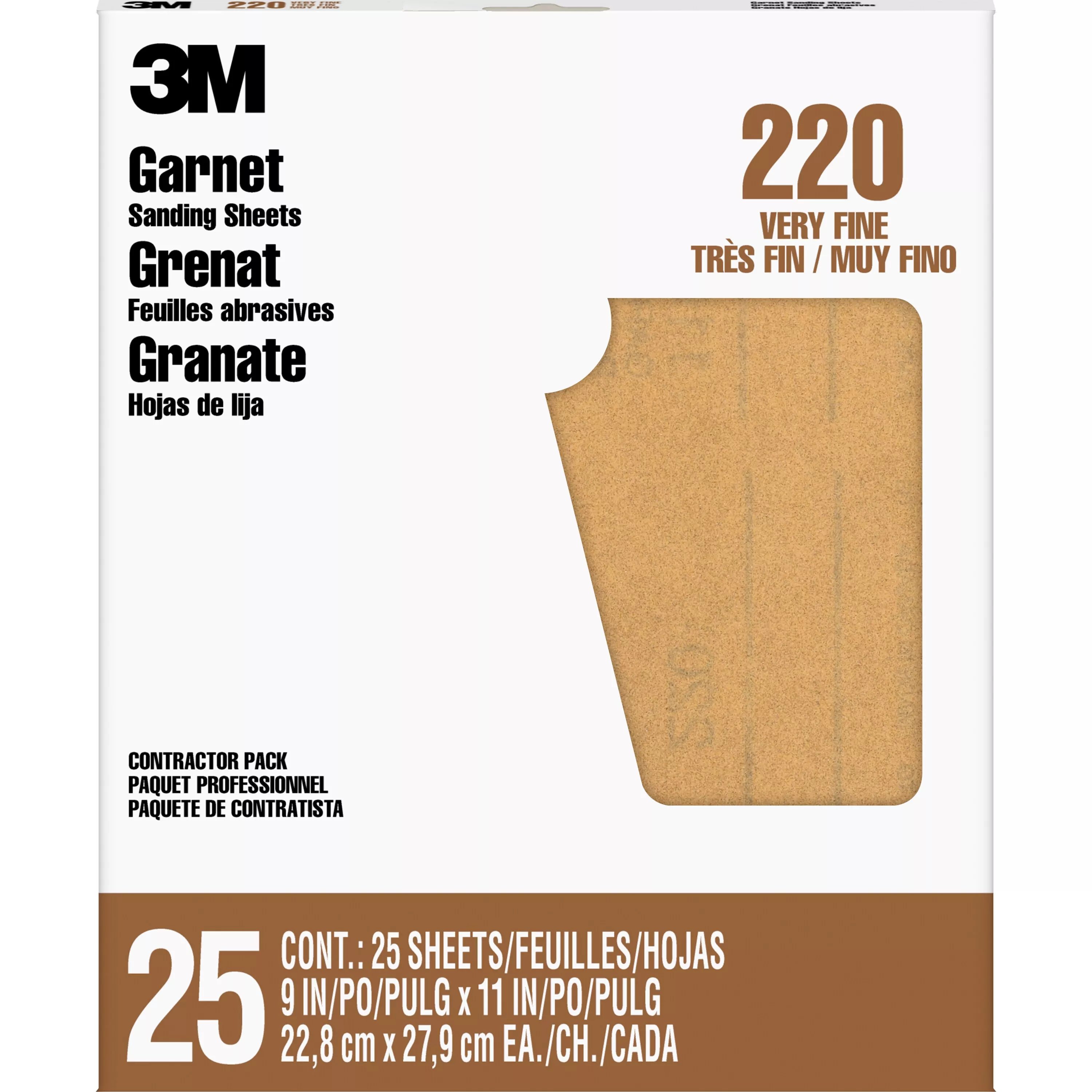 3M™ Garnet Sanding Sheets 99411NA, 9 in x 11 in, 220 grit, 25 sheets/pk, 10 pks/cs