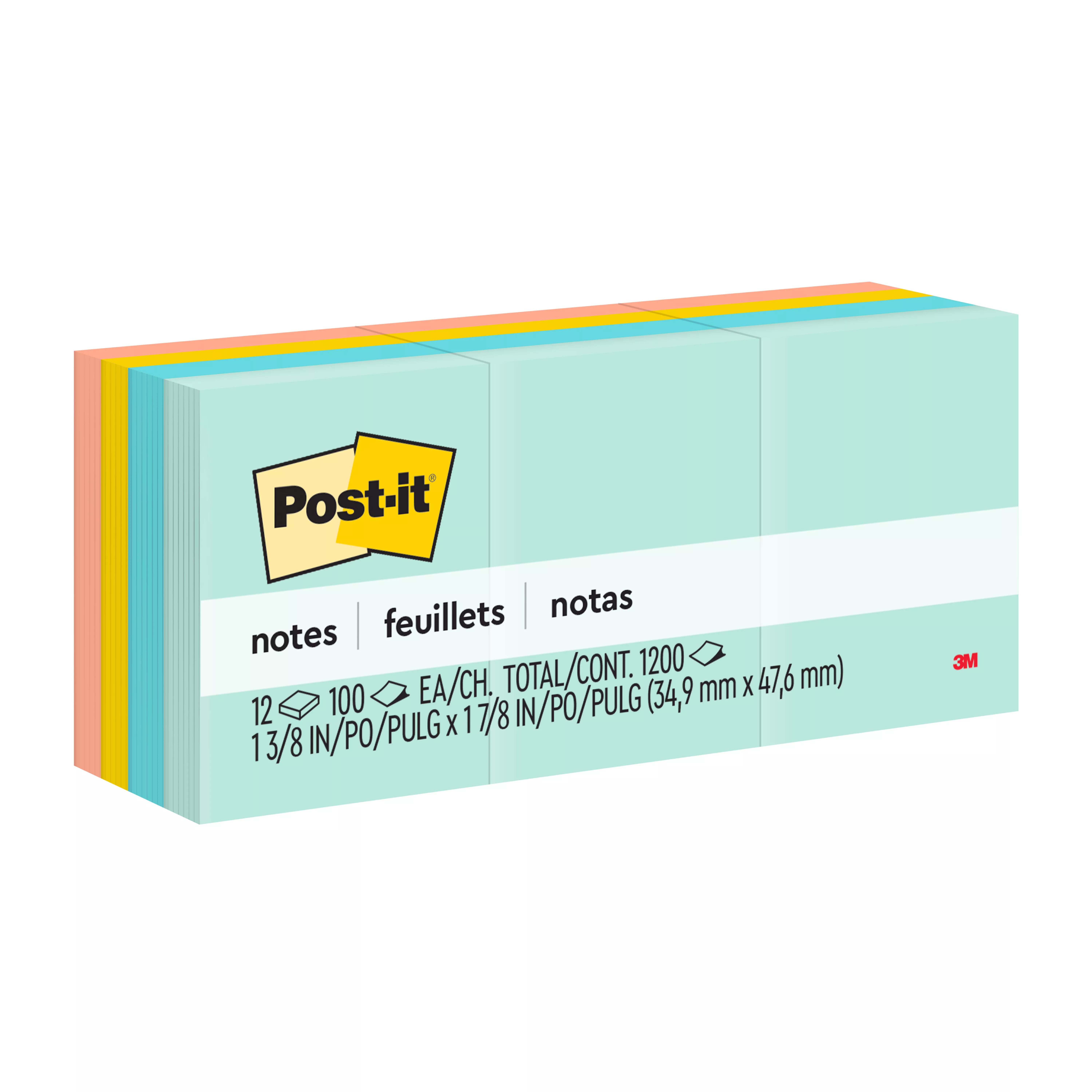 Post-it® Notes 653-AST, 1-3/8 in x 1 7/8 in (34,9 mm x 47,6 mm) Marseille colors