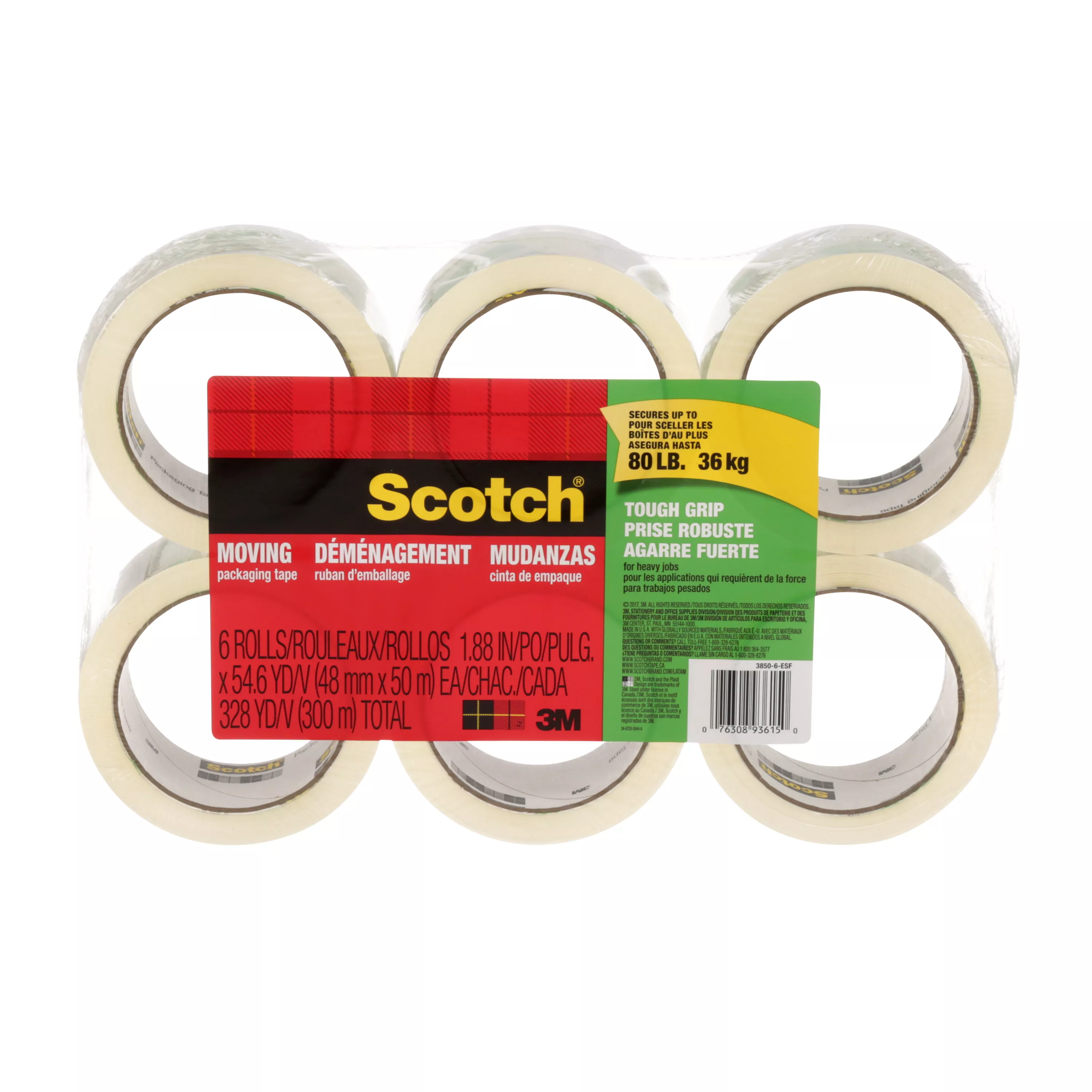 Scotch® Tough Grip Moving Packaging Tape, 3500-6-ESF, 1.88 in x 54.6 yd
(48 mm x 50 m), 6 Rolls/pack, 6 packs/case