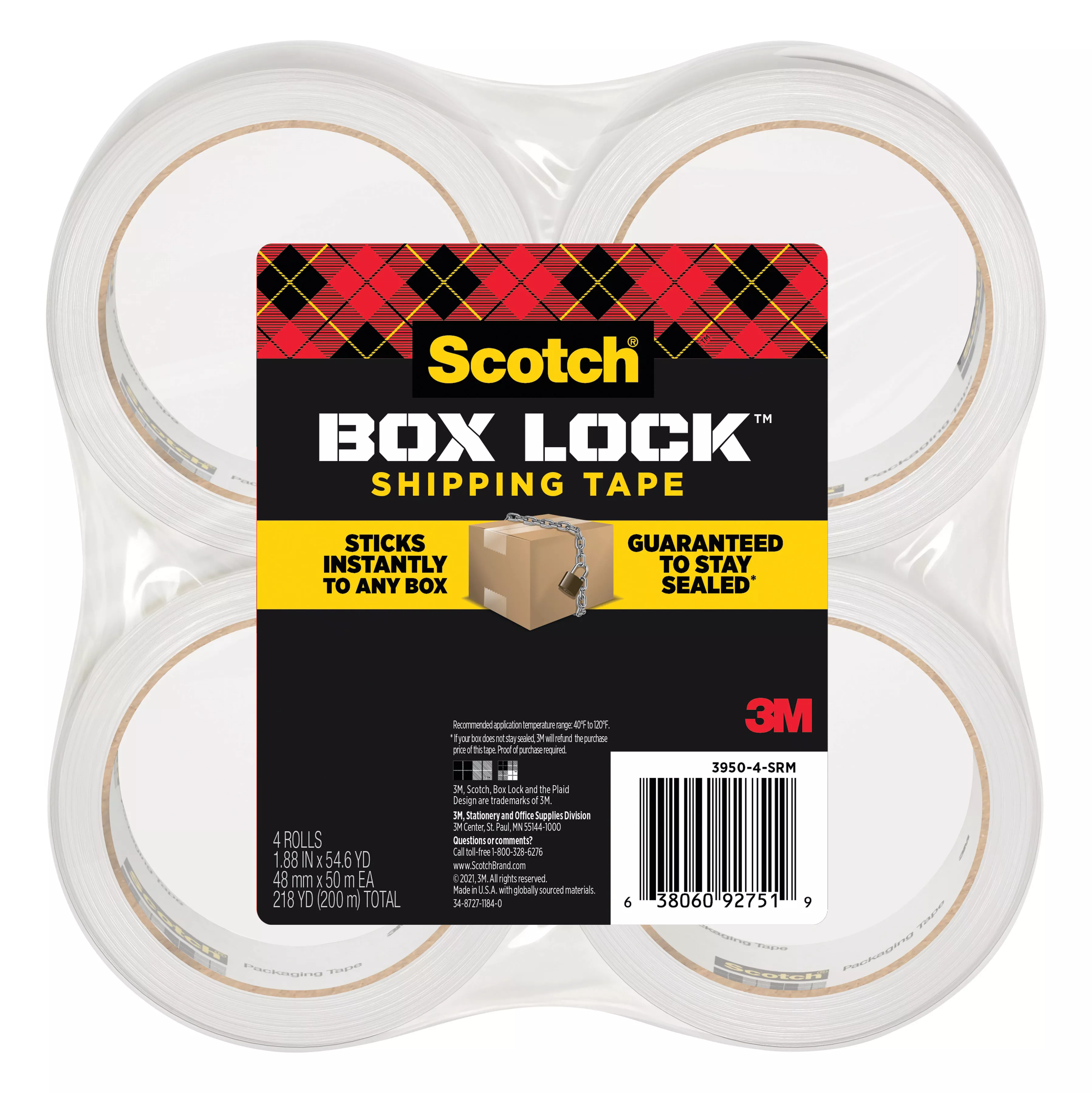 Scotch® Box Lock™ Shipping Tape 3950-4-SRM, 1.88 in x 54.6 yd (48 mm x 50 m)