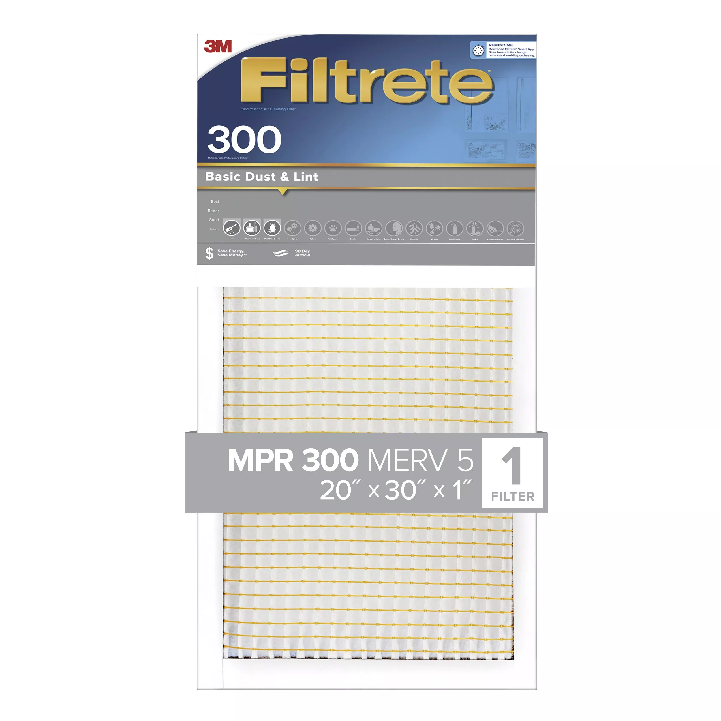 Filtrete™ Basic Dust & Lint Air Filter, 300 MPR, 322-4, 20 in x 30 in x
1 in (50.8 cm x 76.2 cm x 2.5 cm)